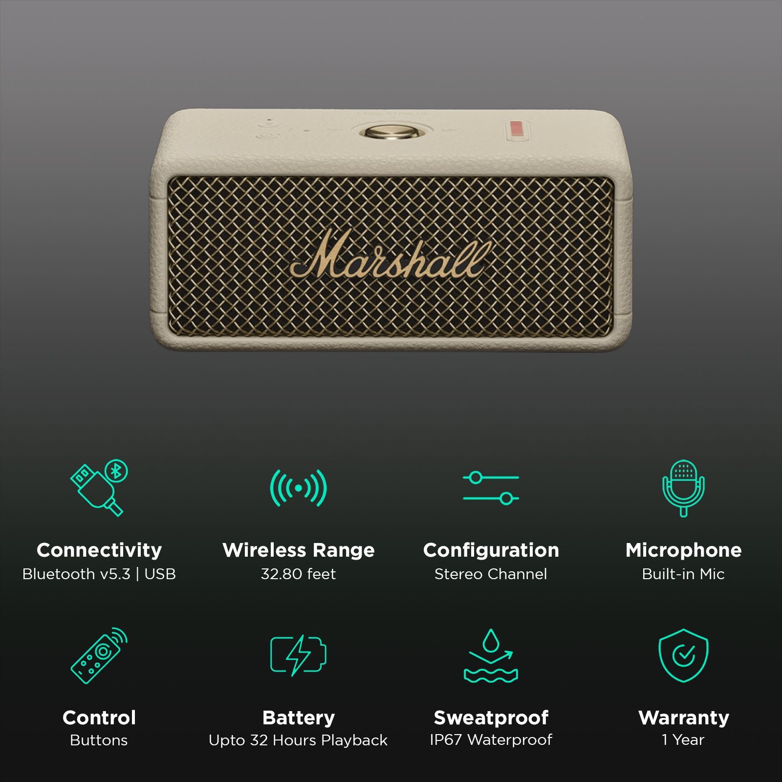 Marshall Emberton III 20W Portable Bluetooth Speaker (IP67 Dust & Waterproof, 360 Degree Sound, Stereo Channel, Cream) Marshall Emberton III 20W Portable Bluetooth Speaker (IP67 Dust & Waterproof, 360 Degree Sound, Stereo Channel, Cream)_2