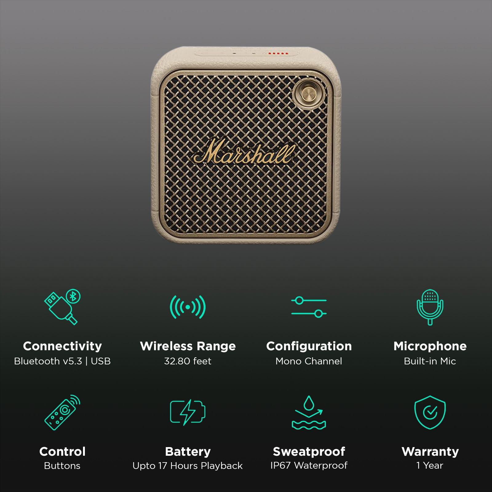 Marshall Willen II 38W Portable Bluetooth Speaker (IP67 Dust & Waterproof, Mono Channel, Cream)_2