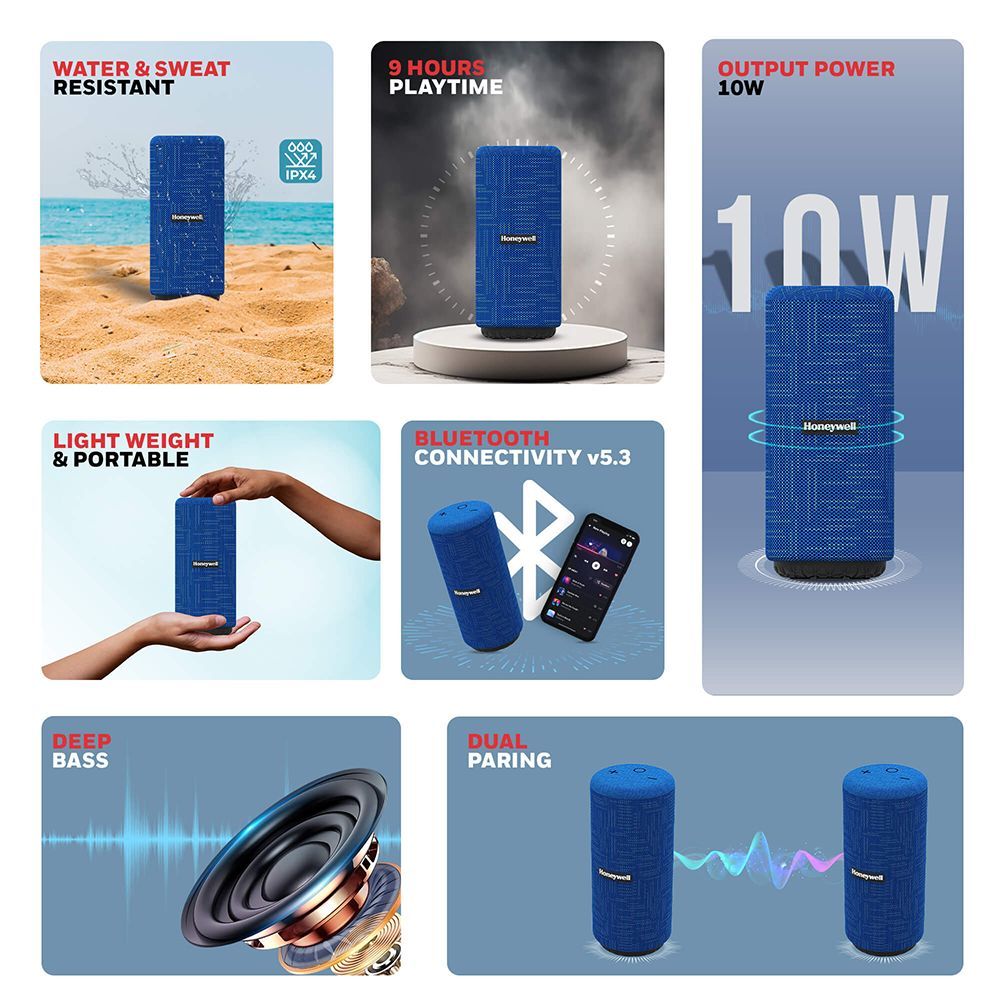 Honeywell Suono P300 10W Portable Bluetooth Speaker (IPX4 Water & Sweat Resistant, 9 Hours Playback Time, Blue)_5
