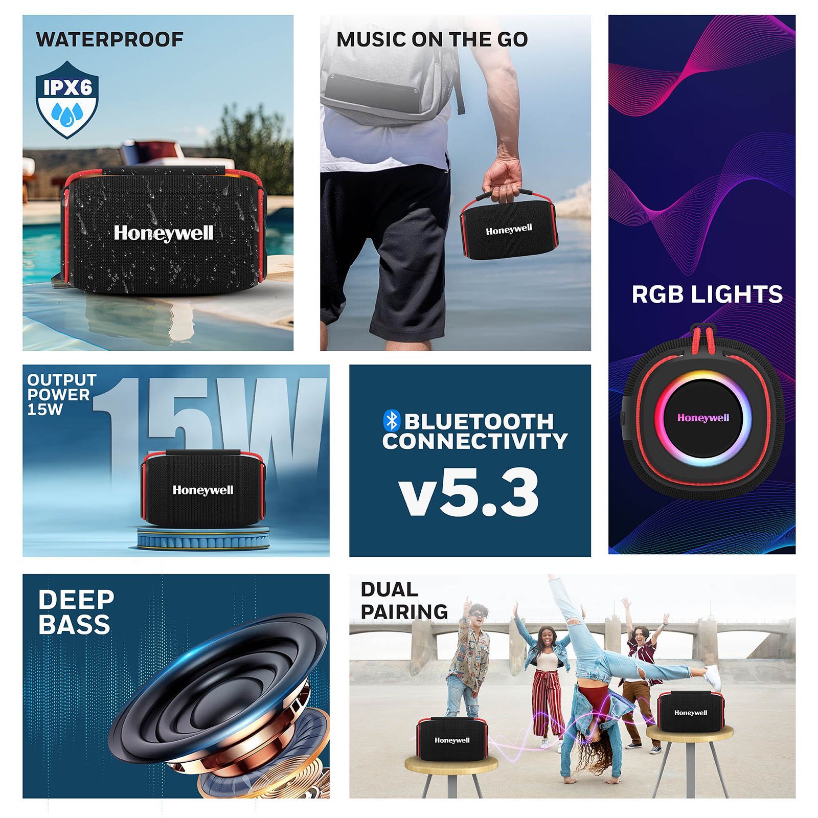 Honeywell Suono P400 15W Portable Bluetooth Speaker (IPX6 Water Proof, 10 Hours Playback Time, Black)_4