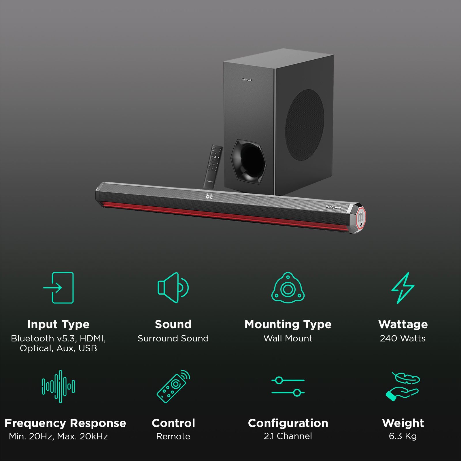 Honeywell Trueno U4000 240W Soundbar with Remote (3D Surround Sound, 2.1 Channel, Black)_2