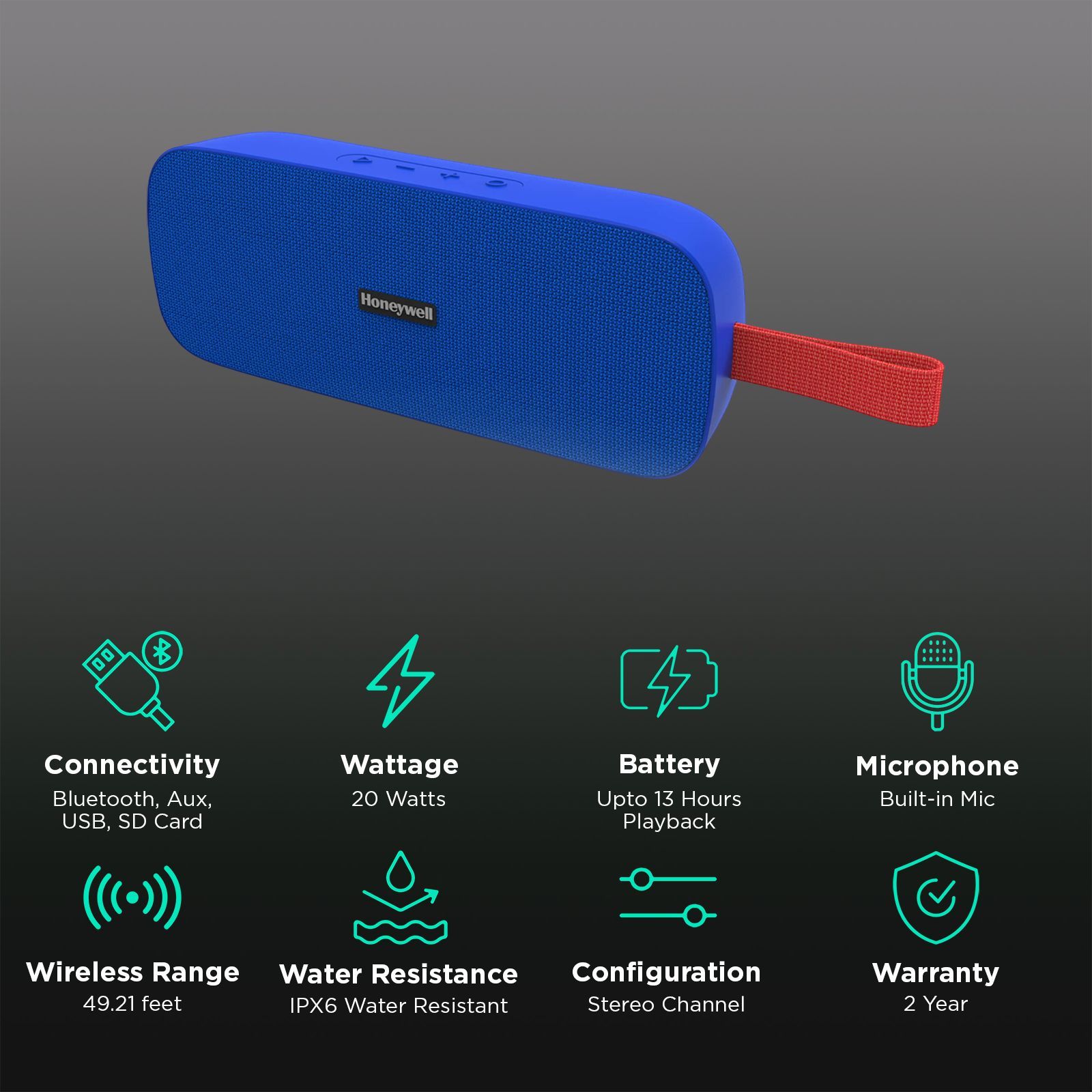 Honeywell Trueno U300 20W Portable Bluetooth Speaker (IPX6 Water Resistant, Deep Bass Radiators, Stereo Channel, Blue)_2