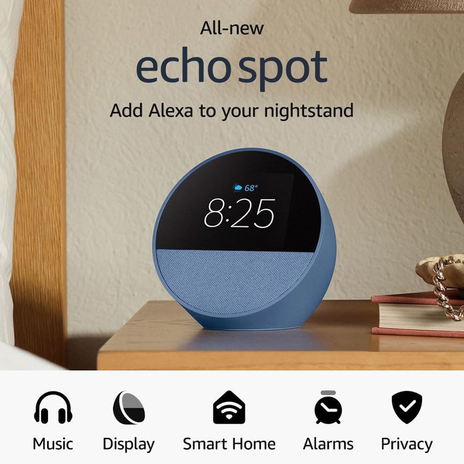 amazon Echo Spot with Built-in Alexa Smart Wi-Fi Speaker (Customizable Smart Clock, Ocean Blue)_3