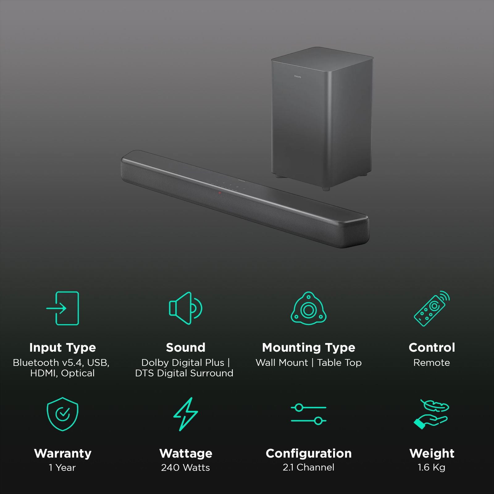 PHILIPS TAB5309/94 240W Bluetooth Soundbar with Remote (Dolby Digital Plus, 2.1 Channel, Dark Grey) PHILIPS TAB5309/94 240W Bluetooth Soundbar with Remote (Dolby Digital Plus, 2.1 Channel, Dark Grey)_2