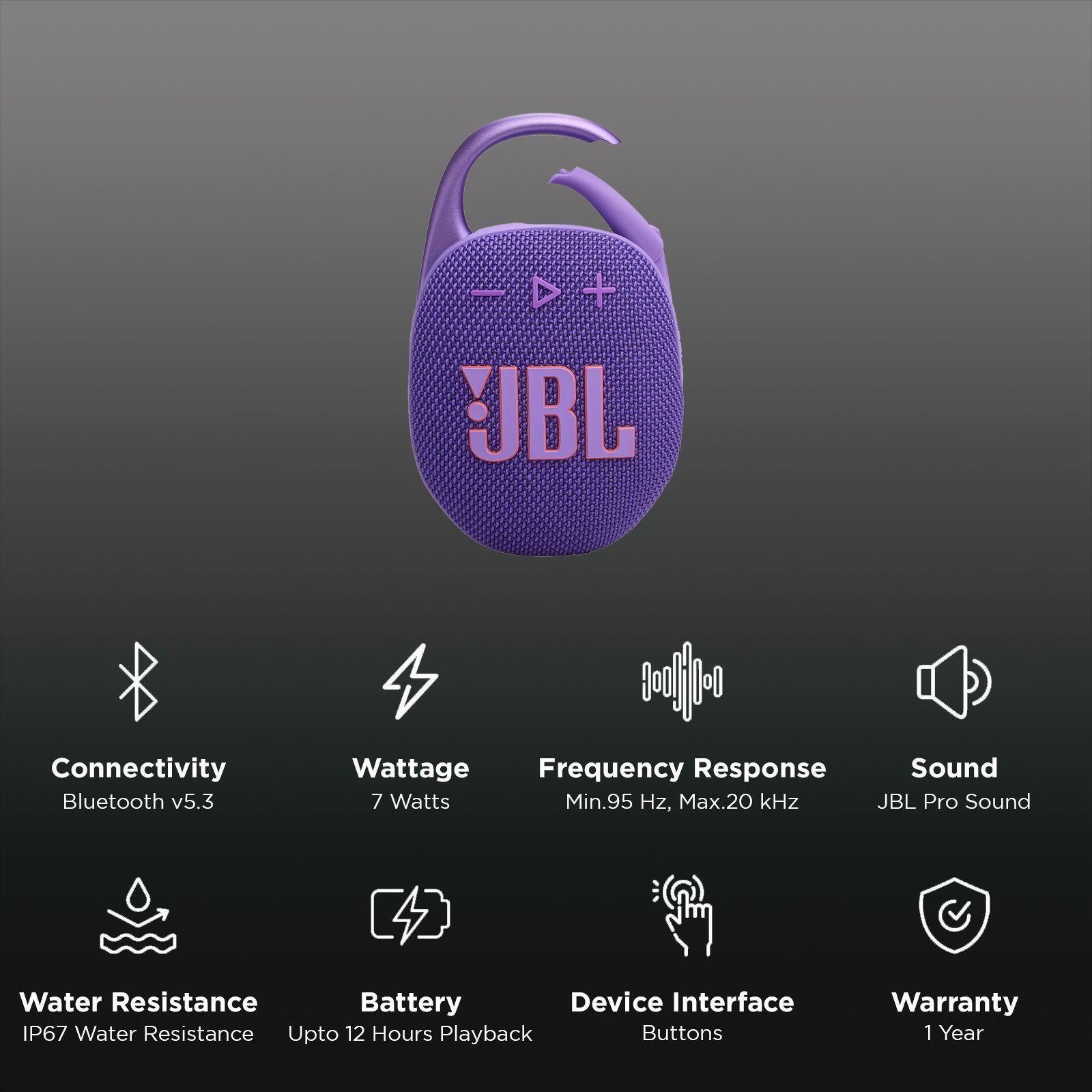 JBL Clip 5 7W Portable Bluetooth Speaker (IP67 Water Proof, Supports Auracast, Purple)_2