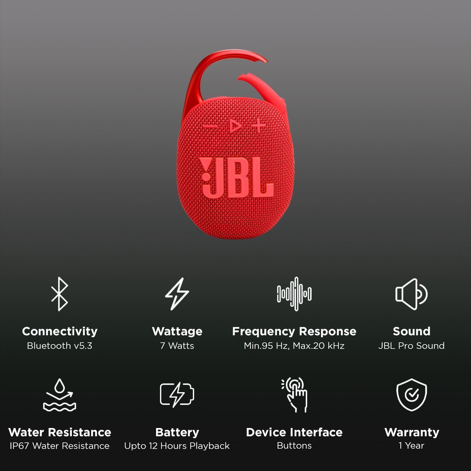 JBL Clip 5 7W Portable Bluetooth Speaker (IP67 Water Proof, Supports Auracast, Red) JBL Clip 5 7W Portable Bluetooth Speaker (IP67 Water Proof, Supports Auracast, Red)_2