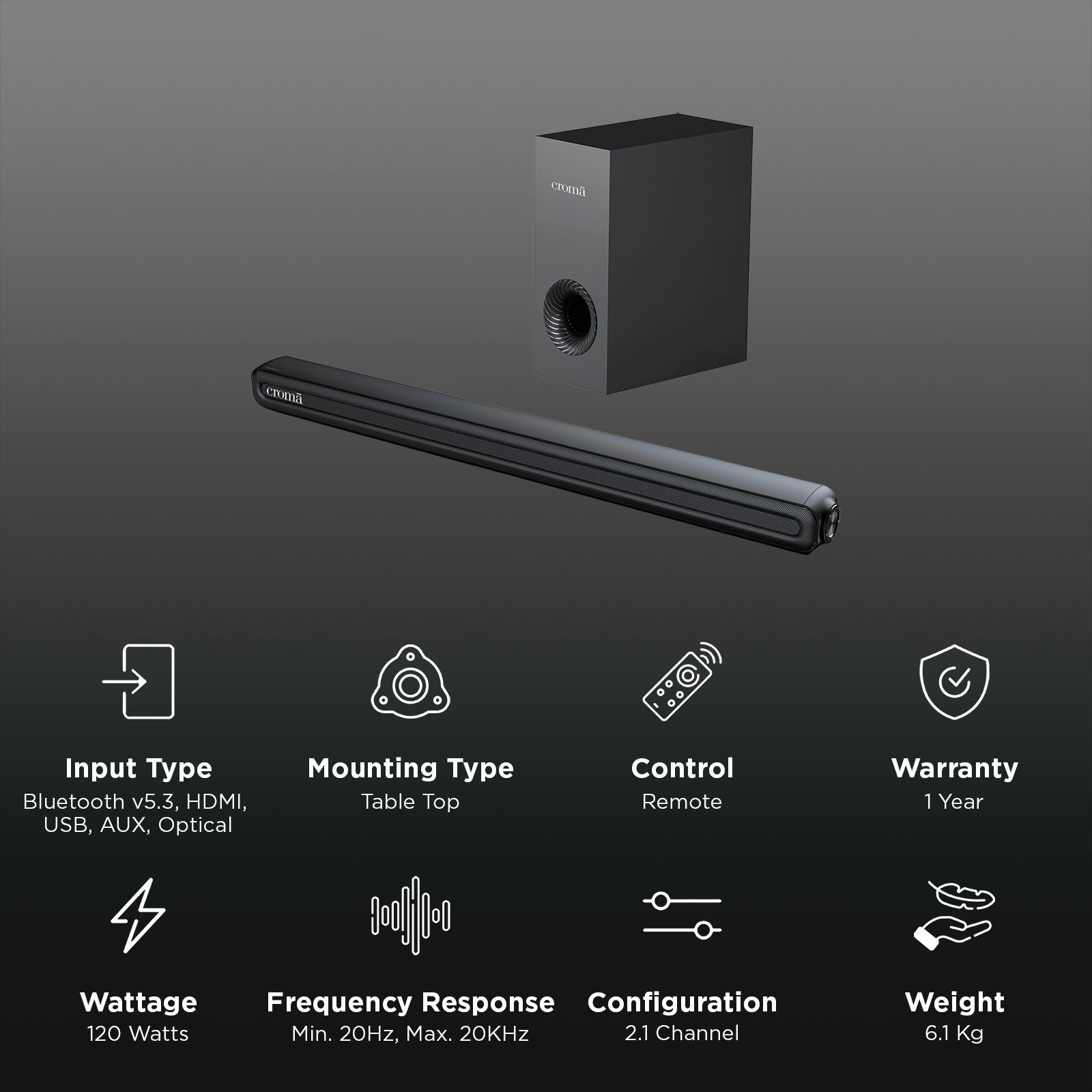 Croma 120W Bluetooth Soundbar with Remote (Preset EQ Modes, 2.1 Channel, Black) Croma 120W Bluetooth Soundbar with Remote (Preset EQ Modes, 2.1 Channel, Black)_3