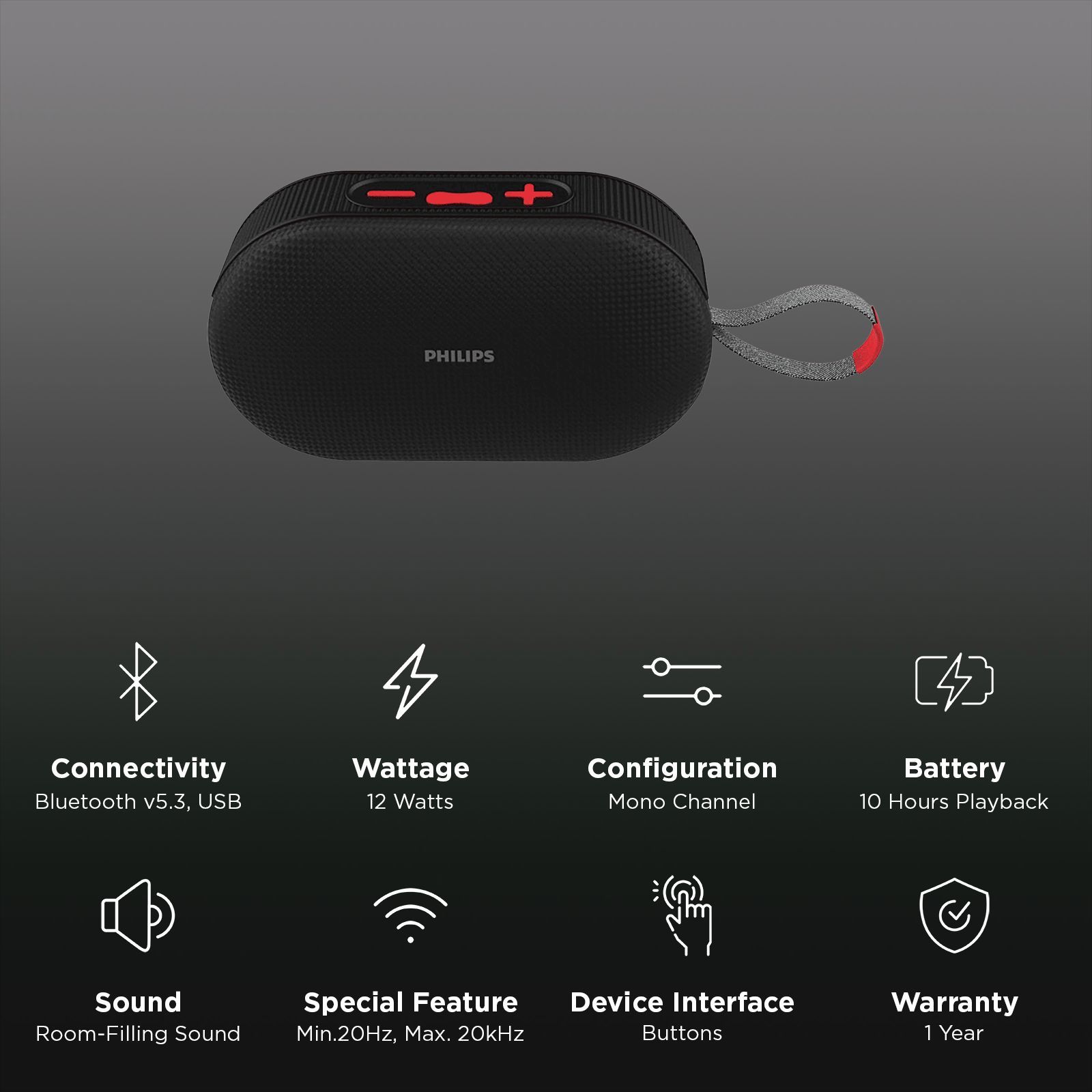 PHILIPS 12W Portable Bluetooth Speaker (IPX4 Water Resistance, RGB Light Modes, Mono Channel, Black)_2