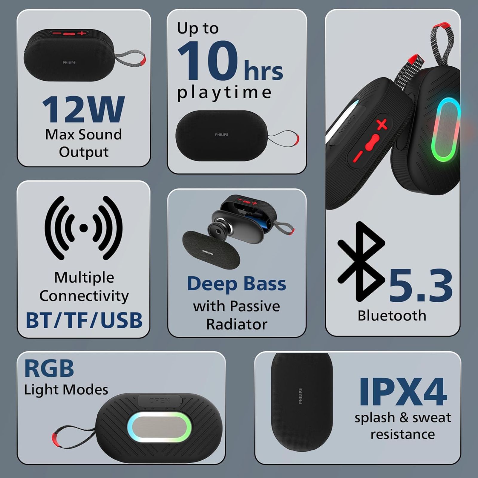 PHILIPS 12W Portable Bluetooth Speaker (IPX4 Water Resistance, RGB Light Modes, Mono Channel, Black)_5