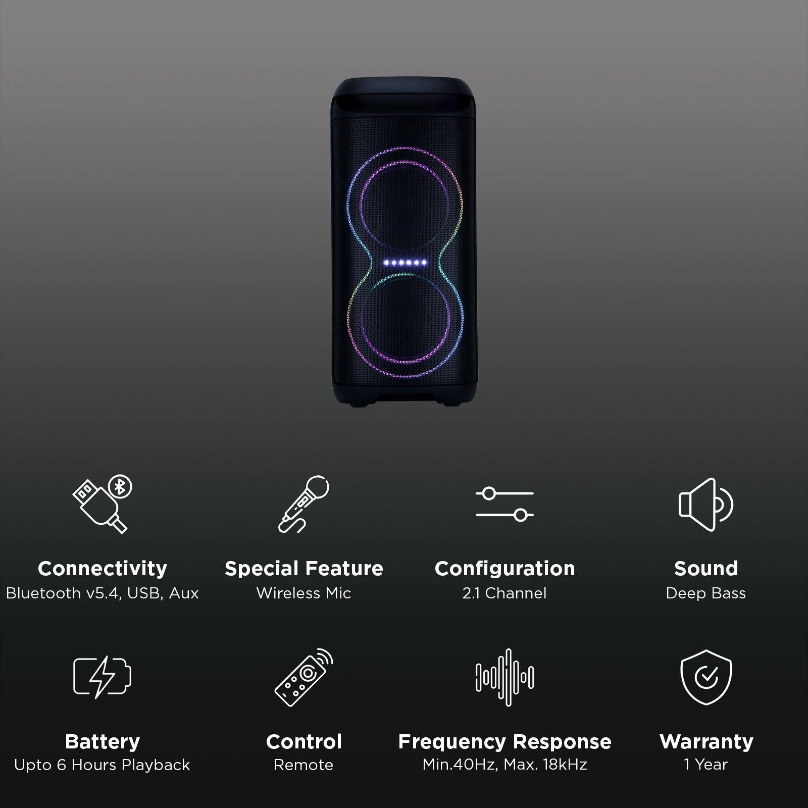 Croma 180W Party Speaker with Mic (Music Sync LED Light, 2.1 Channel, Black)_3