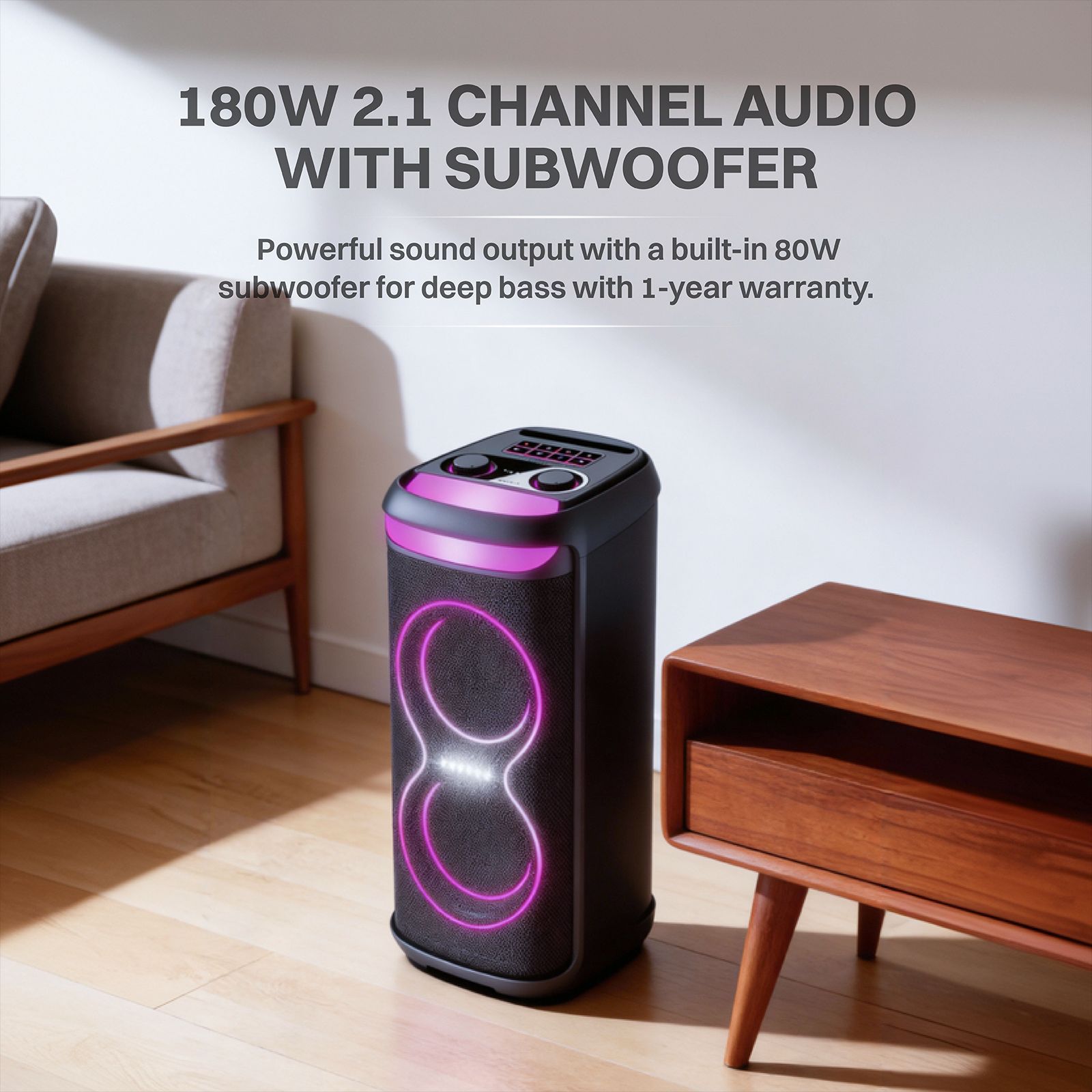 Croma 180W Party Speaker with Mic (Music Sync LED Light, 2.1 Channel, Black)_4