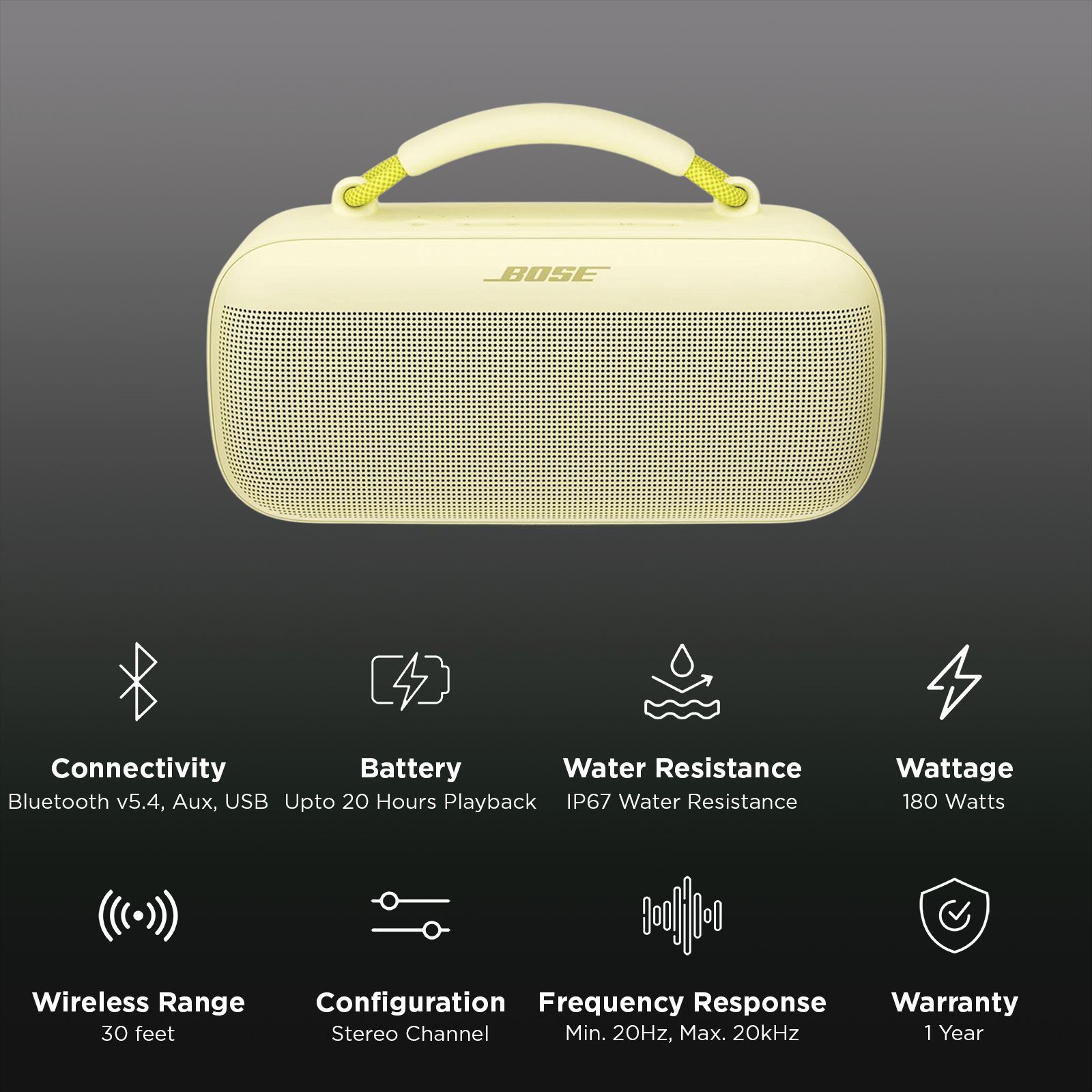 BOSE Soundlink Max 180W Portable Bluetooth Speaker (IP67 Water Resistant, Deep Bass, Stereo Channel, Citrus Yellow)_2