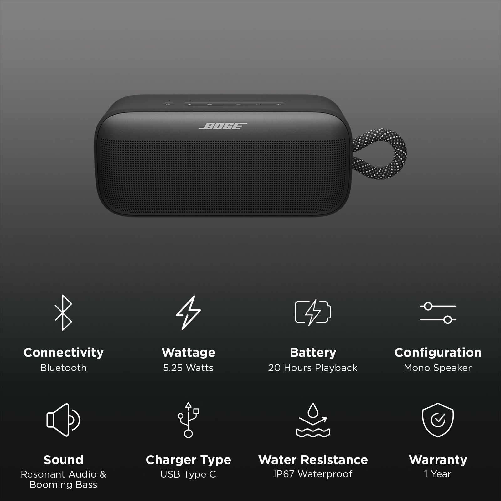 Bose SoundLink Plus 5.25W Portable Bluetooth Speaker (IP67 Water Resistant, 20 Hours Playback Time, Mono Speaker, Black)_2