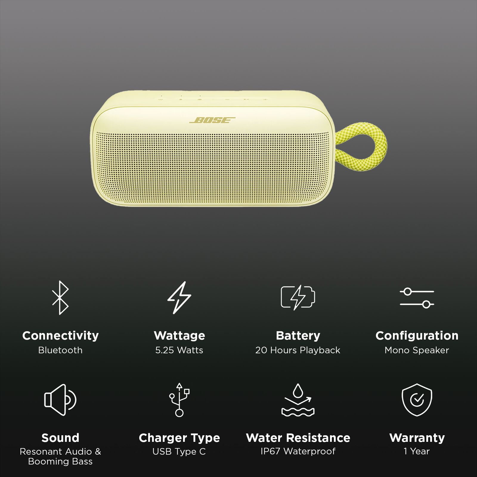 Bose SoundLink Plus 5.25W Portable Bluetooth Speaker (IP67 Water Resistant, 20 Hours Playback Time, Mono Speaker, Citrus Yellow)_2