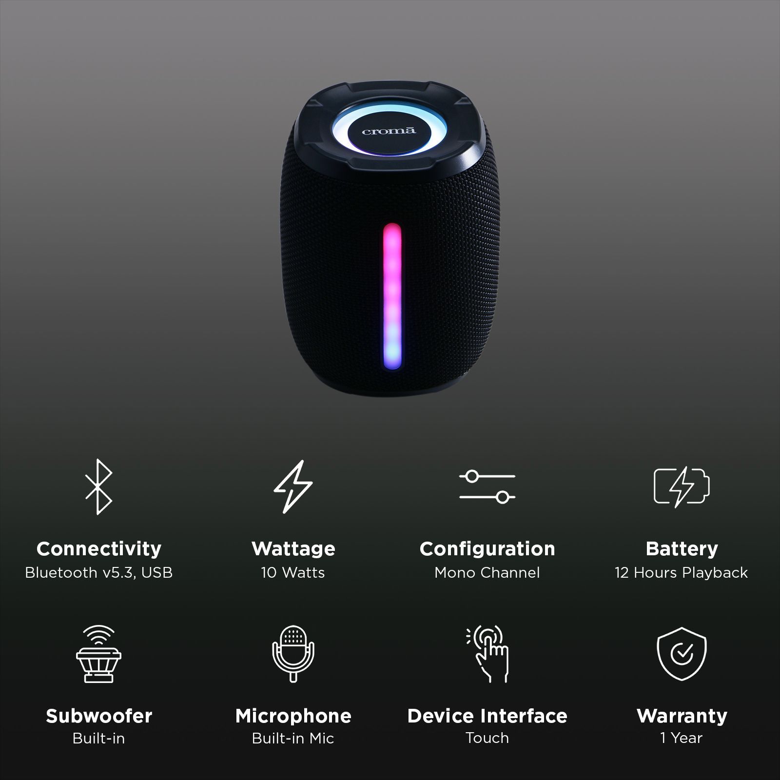 Croma 10W Portable Bluetooth Speaker (Multiple Connectivity, Mono Speaker Channel, Black)_2