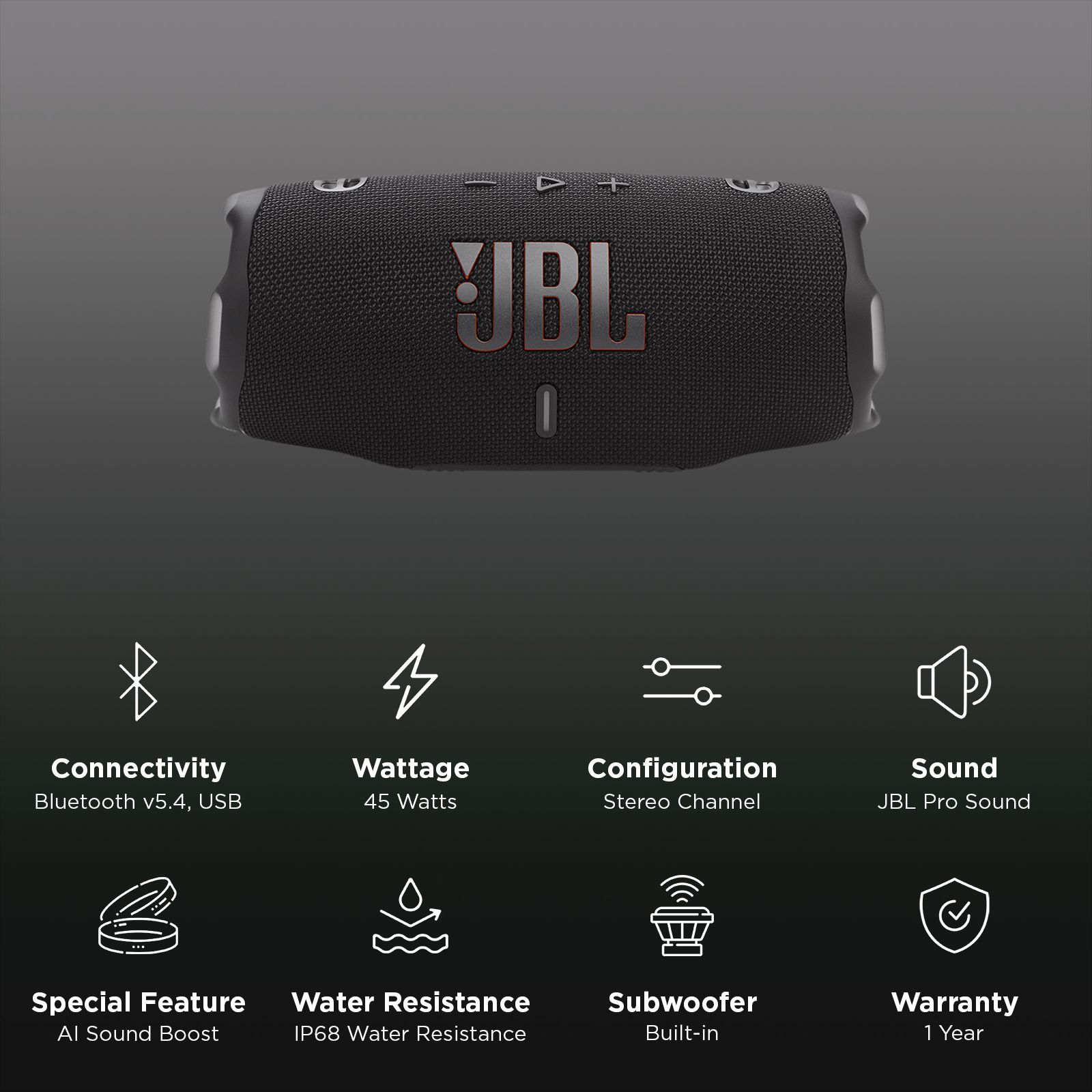 JBL Charge 6 45W Portable Bluetooth Speaker (IP68 Water Resistant, AI Sound Boost, Stereo Channel, Black)_2