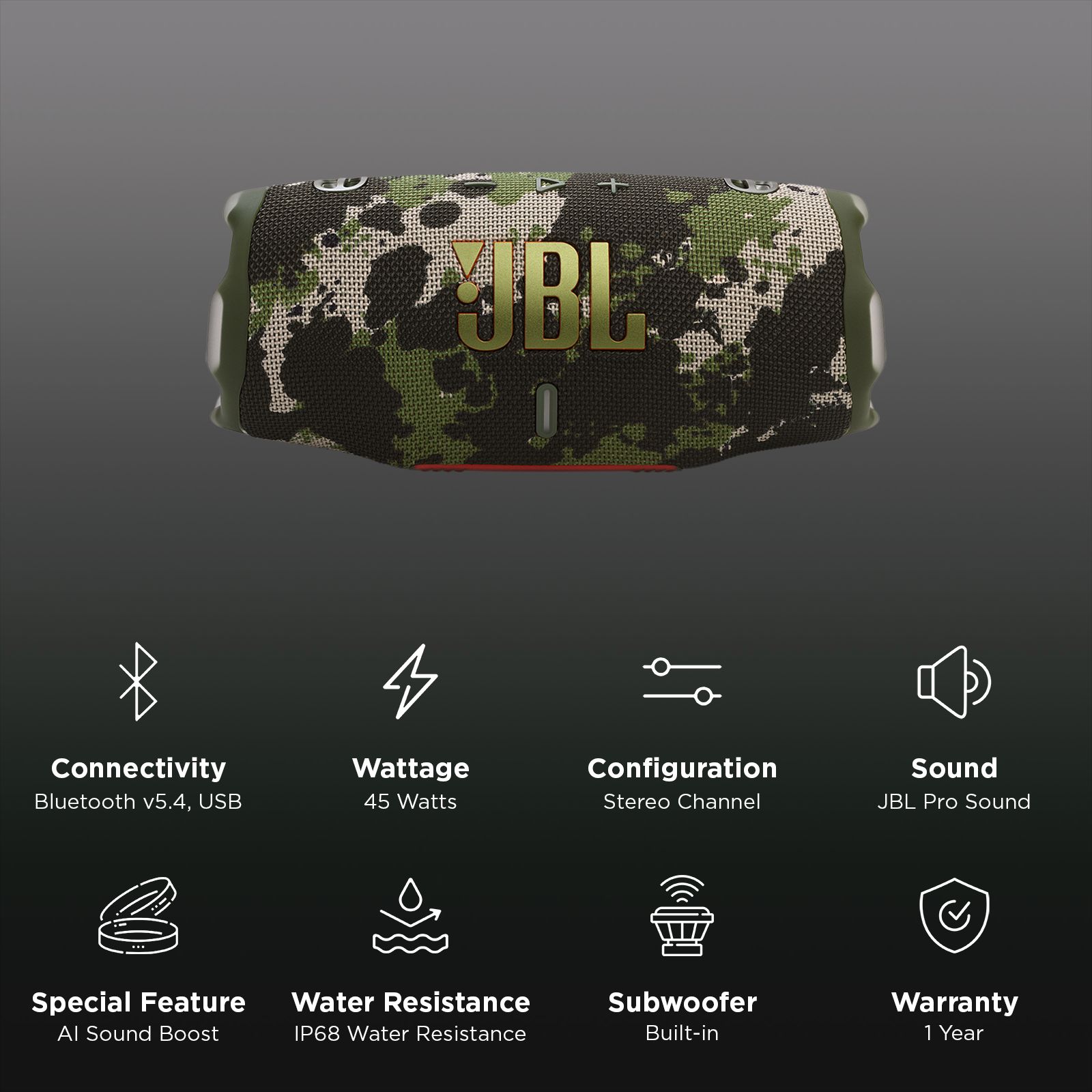 JBL Charge 6 45W Portable Bluetooth Speaker (IP68 Water Resistant, AI Sound Boost, Stereo Channel, Squad)_2