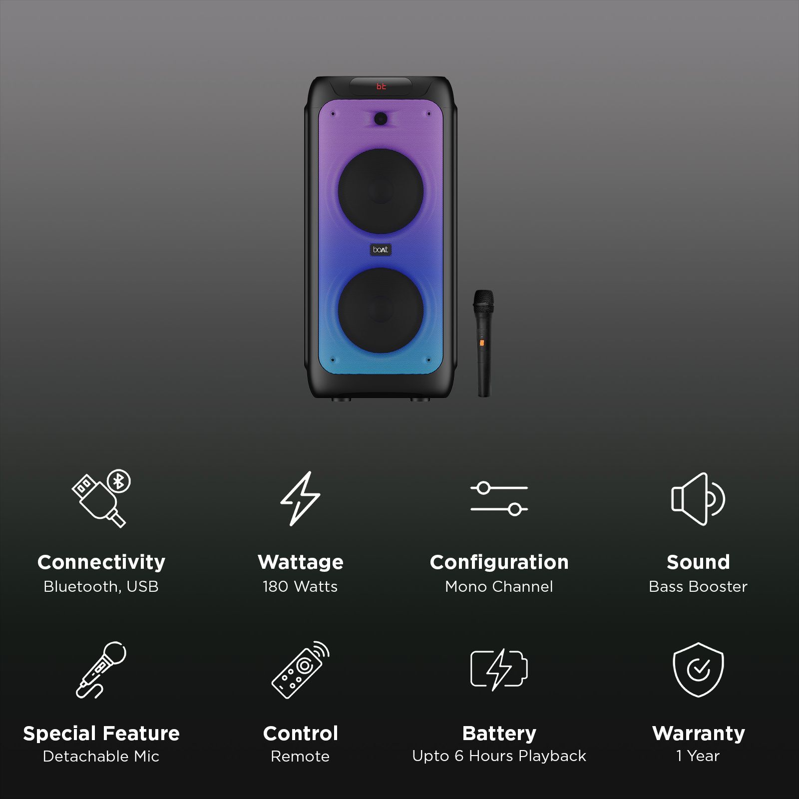 boAt Party Pal 450 180W Bluetooth Party Speaker with Mic (Flame LEDs, Mono Channel, Black)_2