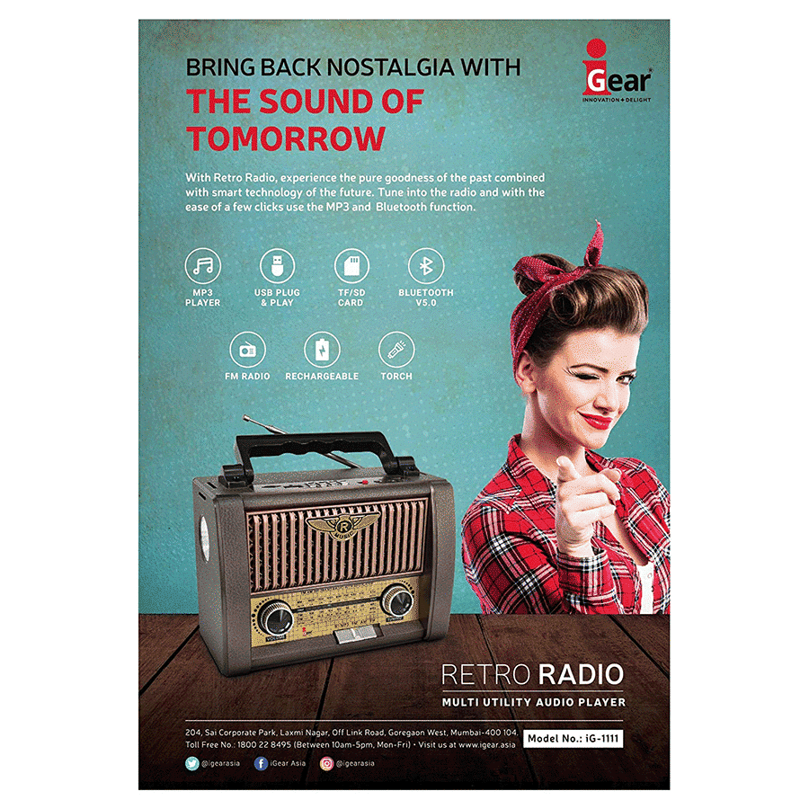 iGear Retro 8 Watts Radio Player (Bluetooth, iG-1111, Brown)_8