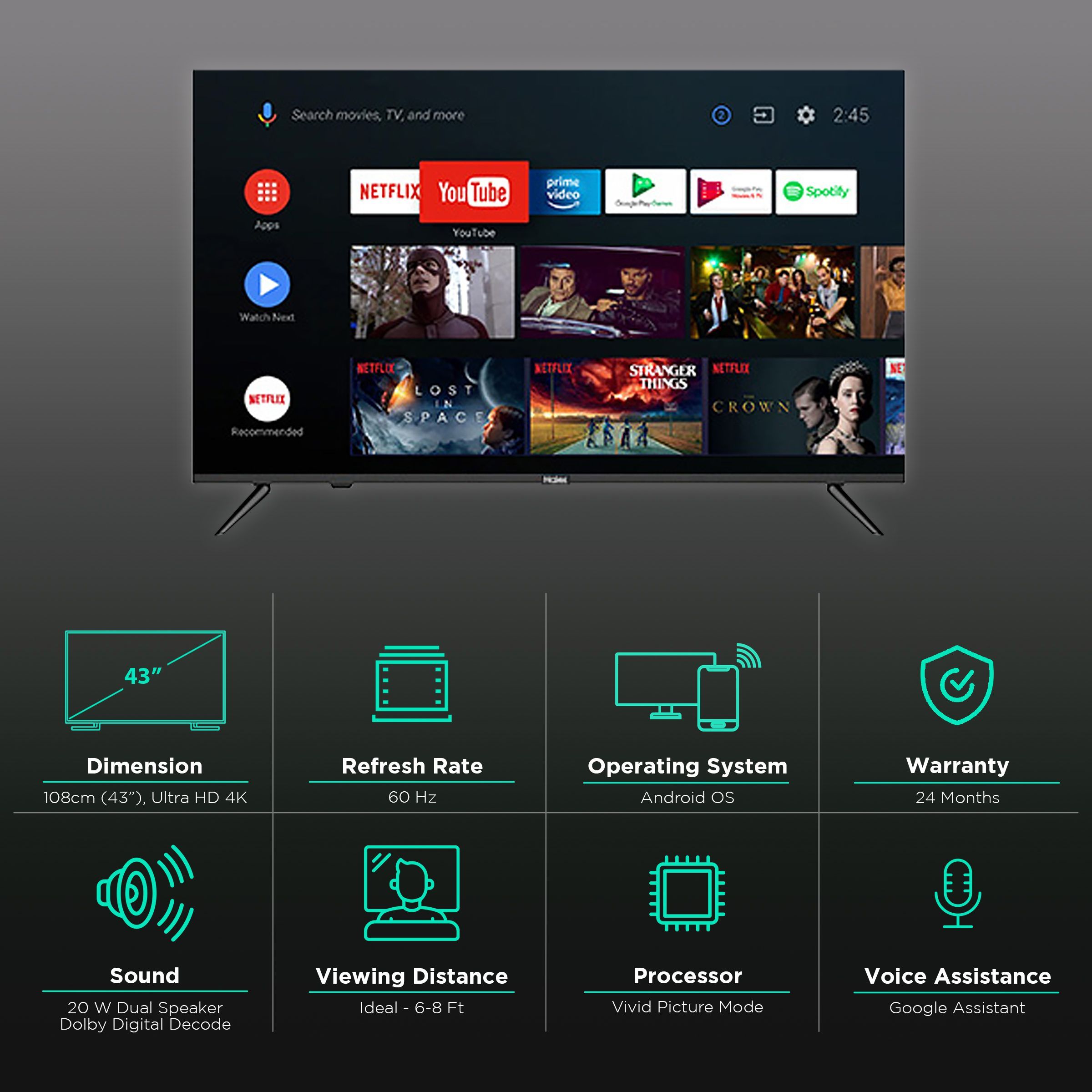 Haier K6600 Series 108 cm (43 inch) 4K Ultra HD LED Android TV with Google Assistant (2020 model)_3