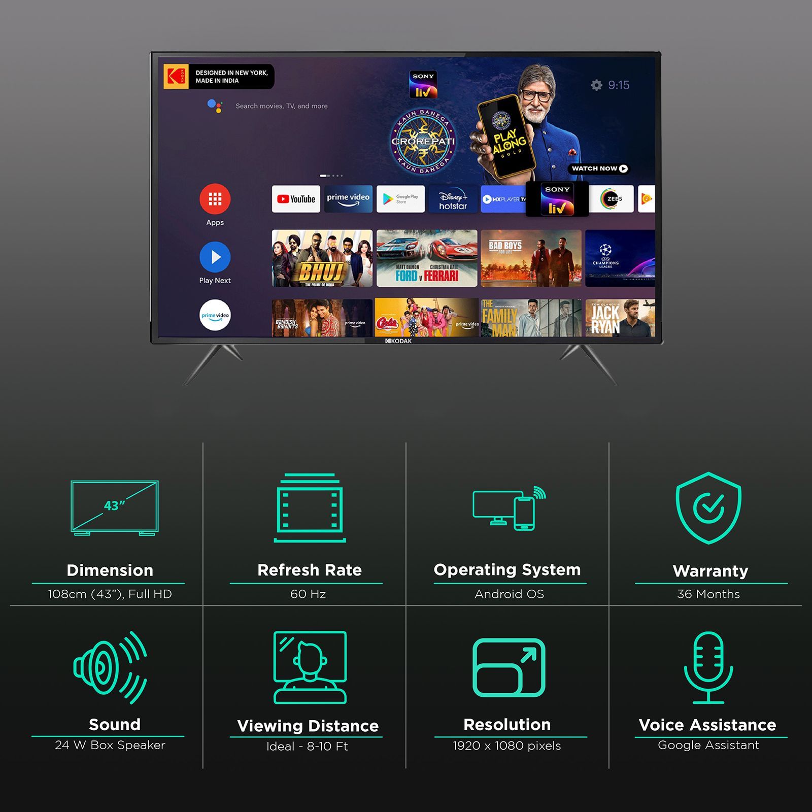 KODAK 7X Pro 109 cm (43 inch) Full HD LED Smart Android TV with Google Assistant (2021 model)_3