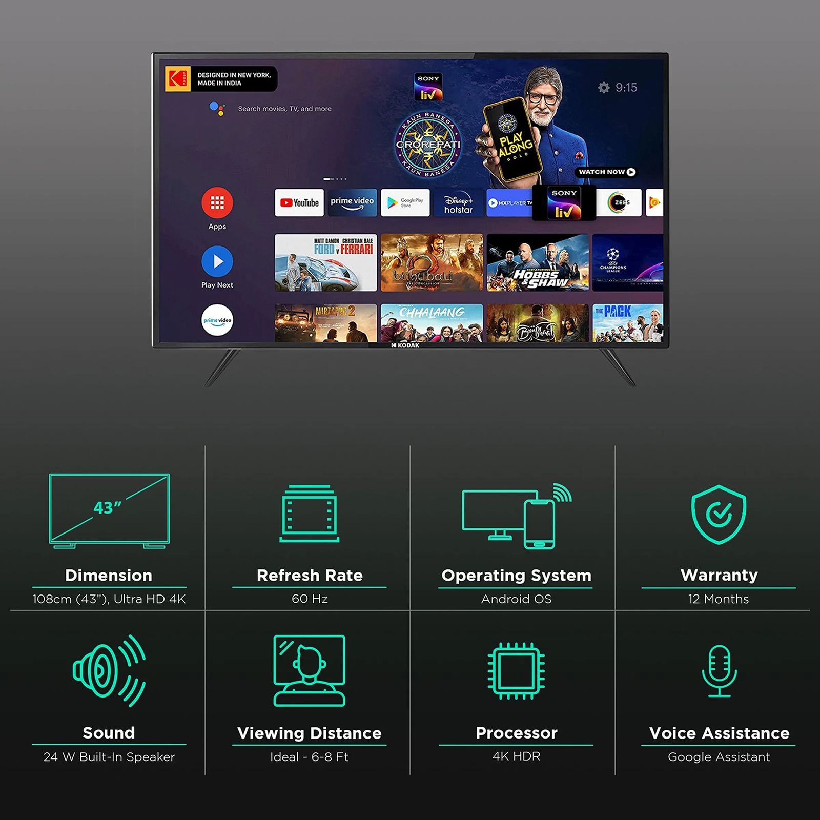KODAK 7X Pro 109 cm (43 inch) 4K Ultra HD LED Android TV with Google Assistant (2020 model) KODAK 7X Pro 109 cm (43 inch) 4K Ultra HD LED Android TV with Google Assistant (2020 model)_3
