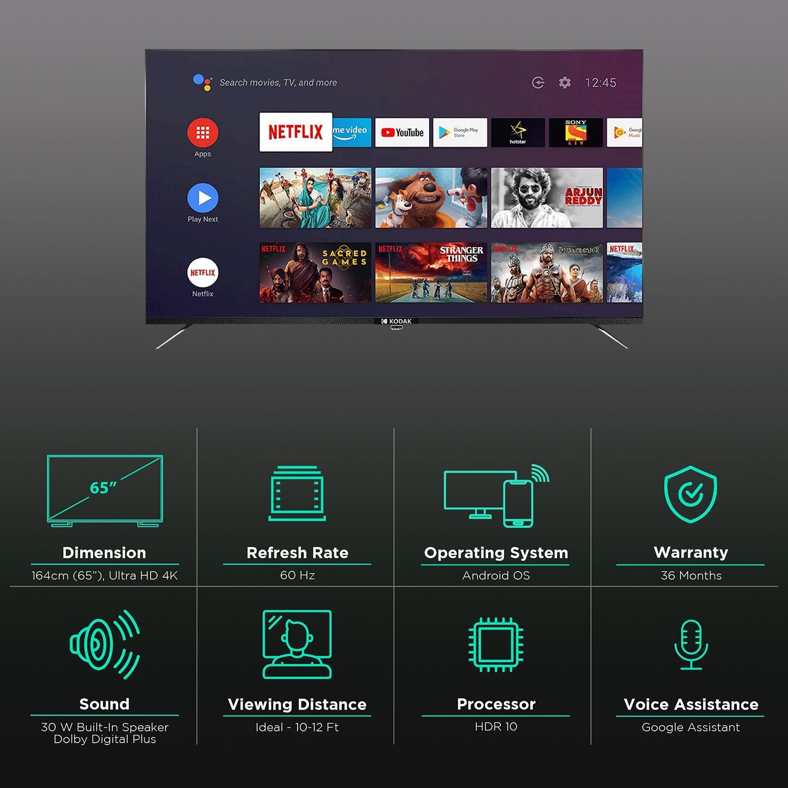 KODAK CA Series 165 cm (65 inch) 4K Ultra HD LED Android TV with Google Assistant (2020 model) KODAK CA Series 165 cm (65 inch) 4K Ultra HD LED Android TV with Google Assistant (2020 model)_3