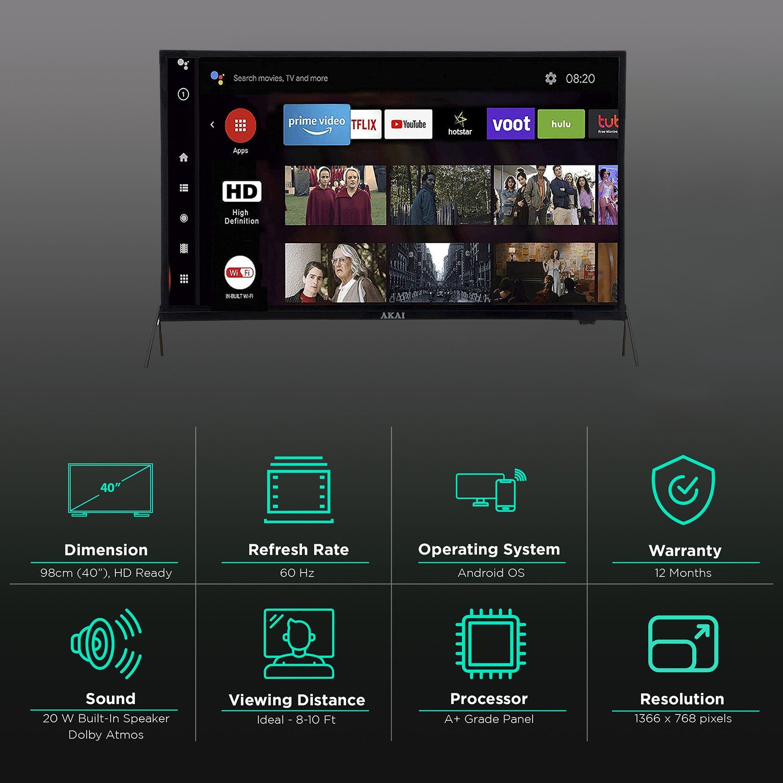 AKAI 98 cm (40 inch) HD Ready LED Smart Android TV with A+ Grade Panel (2021 model)_3