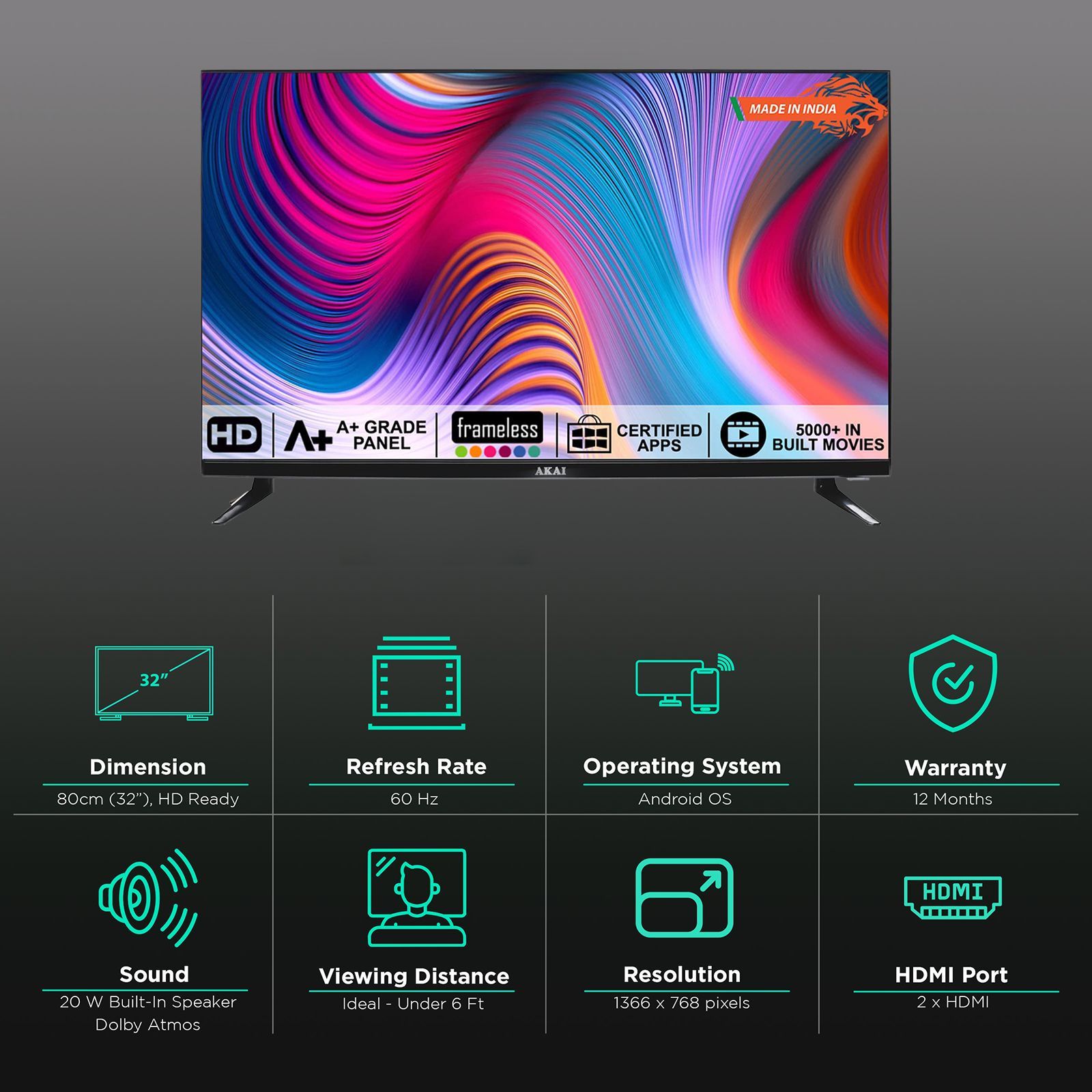 AKAI 80 cm (32 inch) HD Ready LED Smart Android TV with Dolby Audio (2021 model)_2