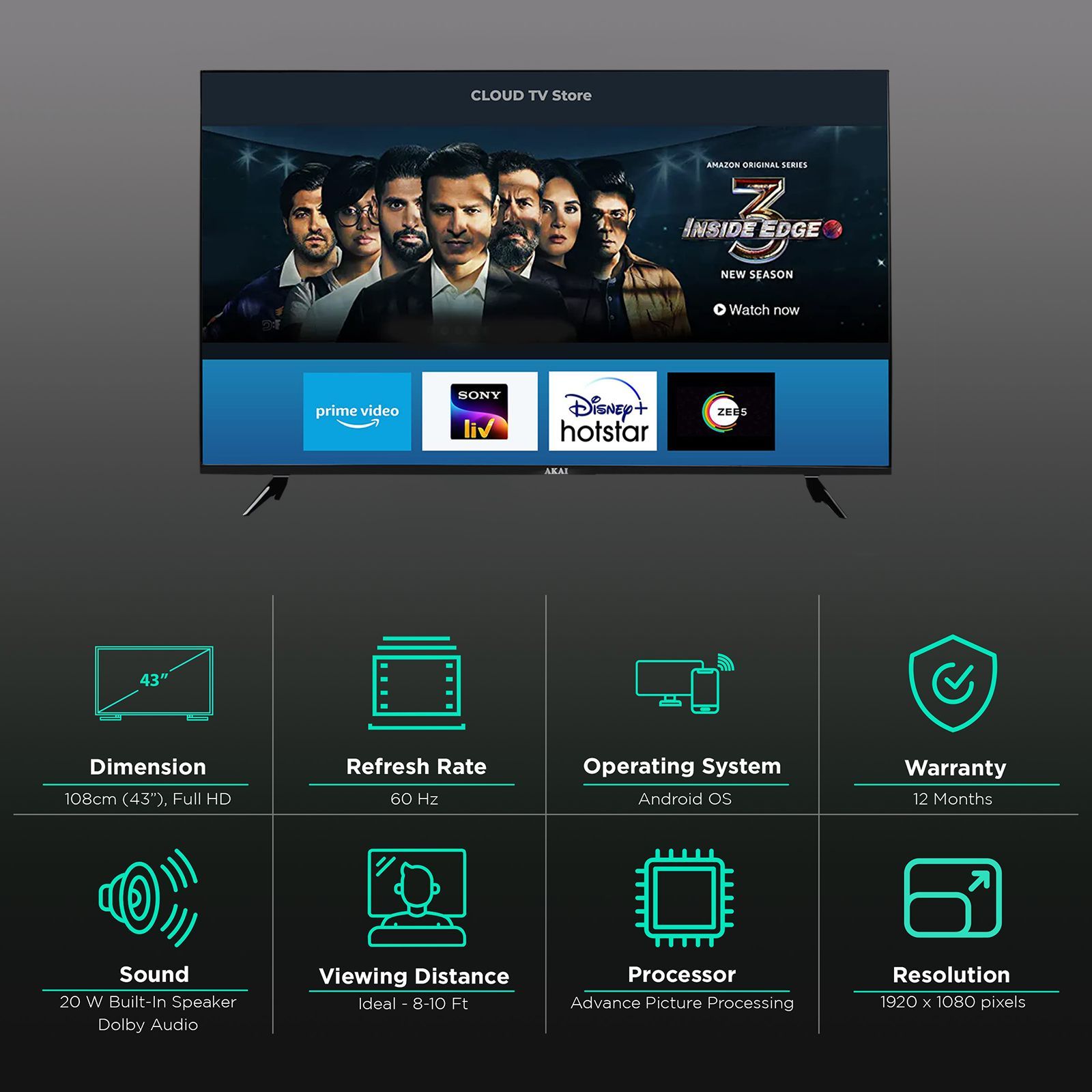 AKAI 108 cm (43 inch) Full HD LED Smart Android TV with A+ Frameless Panel_3