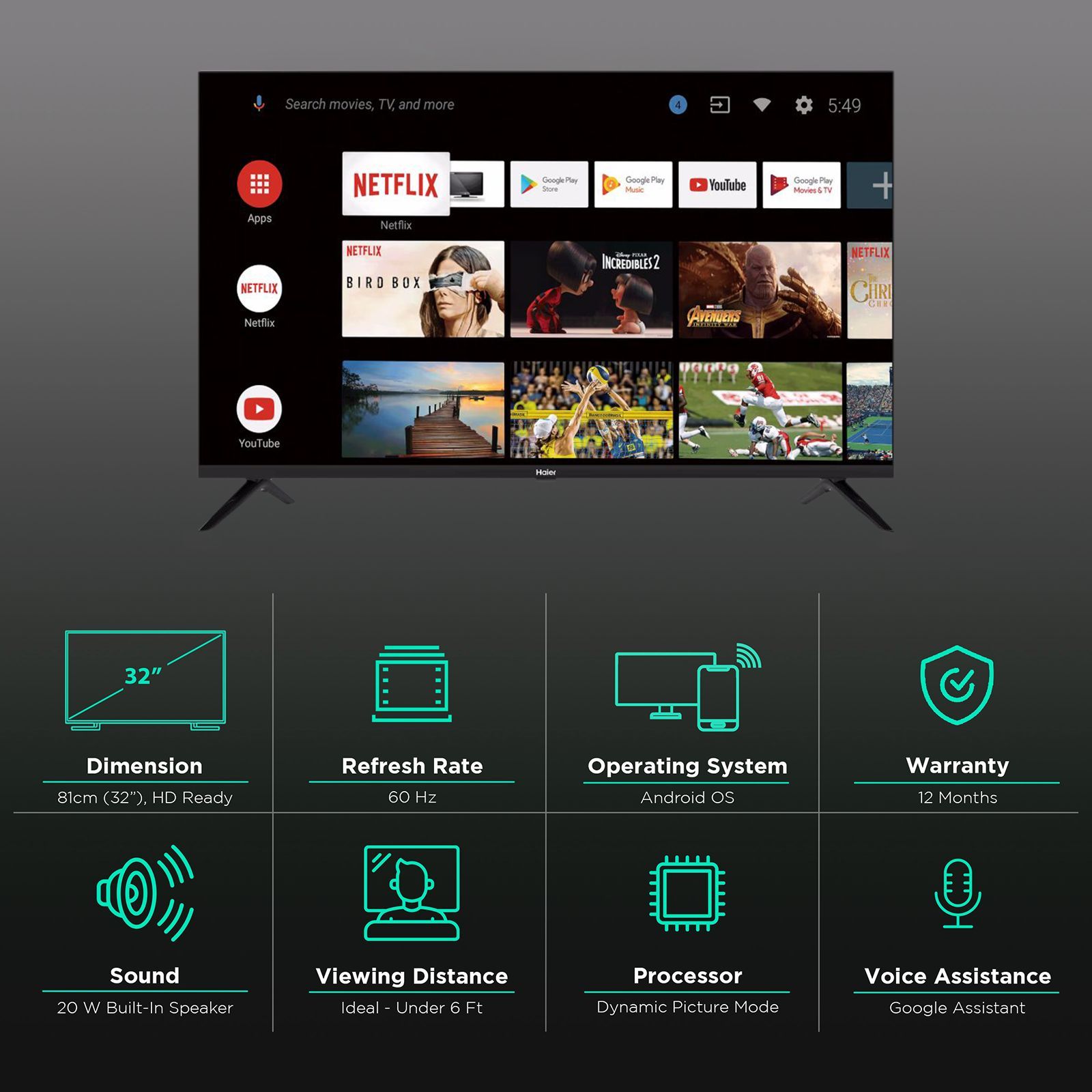 Haier K Series 81 cm (32 inch) HD Ready LED Smart Android TV with Google Assistant Haier K Series 81 cm (32 inch) HD Ready LED Smart Android TV with Google Assistant_3