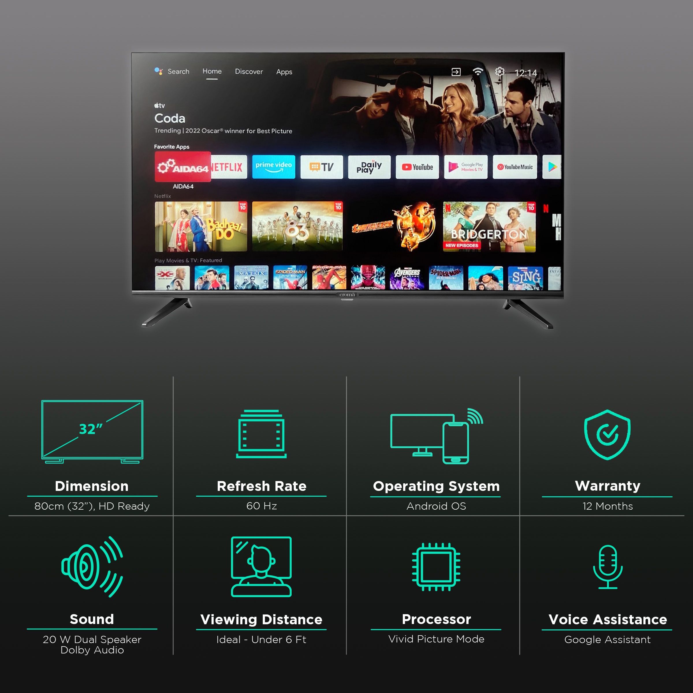 Croma 80 cm (32 inch) HD Ready LED Smart Android TV with Google Assistant (2022 model) Croma 80 cm (32 inch) HD Ready LED Smart Android TV with Google Assistant (2022 model)_3