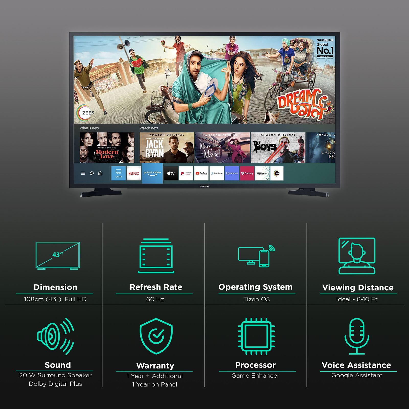 SAMSUNG Series 5 108 cm (43 inch) Full HD LED Smart Tizen TV with Google Assistant (2020 model)_2