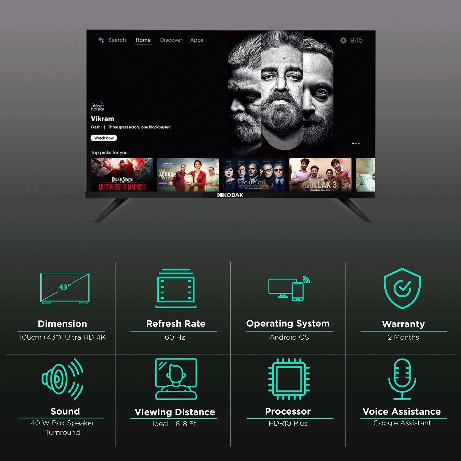 KODAK 7XPRO Series 109 cm (43 inch) 4K Ultra HD LED Android TV with Google Assistant (2021 model)_3