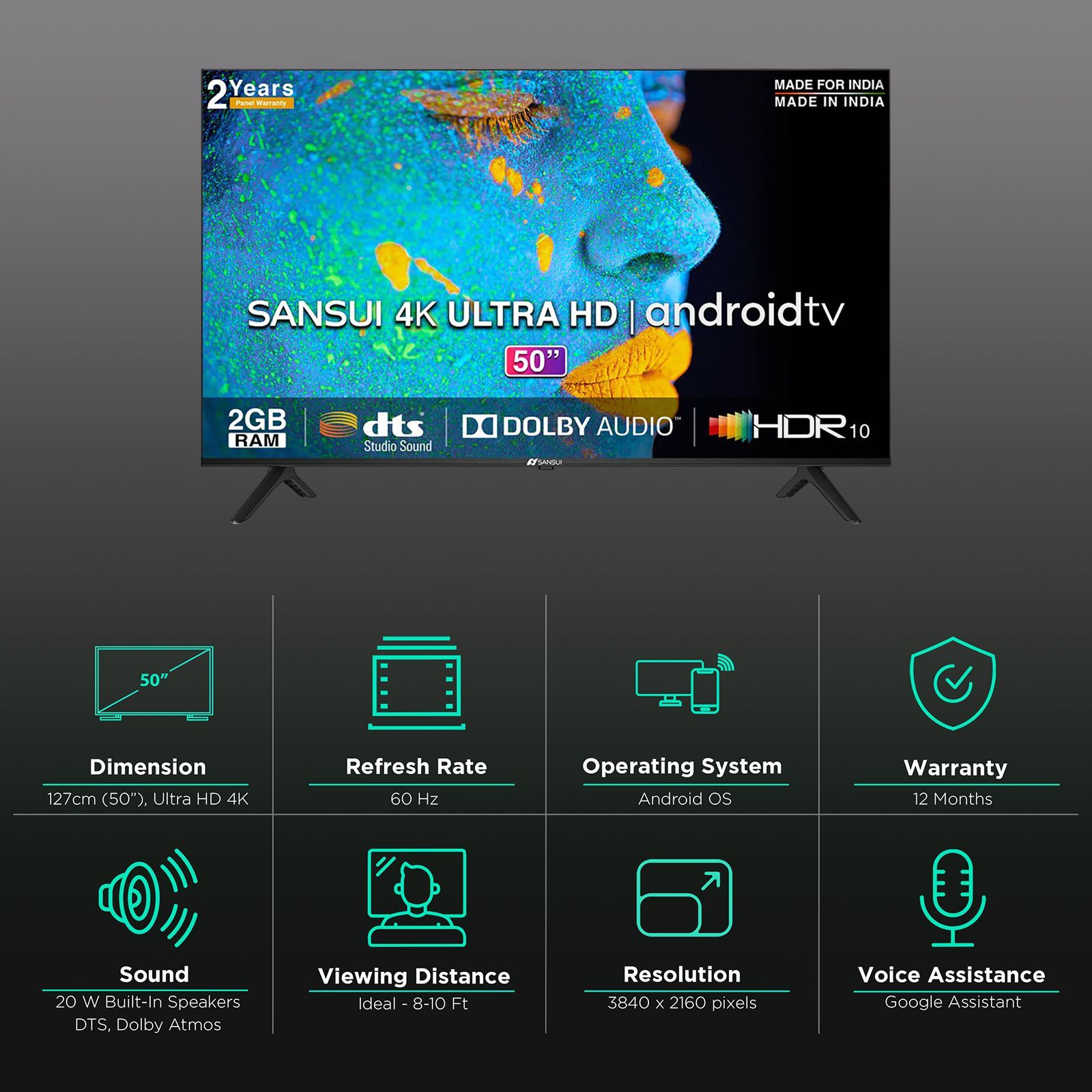 SANSUI JSW50ASUHD 127 cm (50 inch) 4K Ultra HD LED Android TV with Dolby Atmos (2021 model)_3