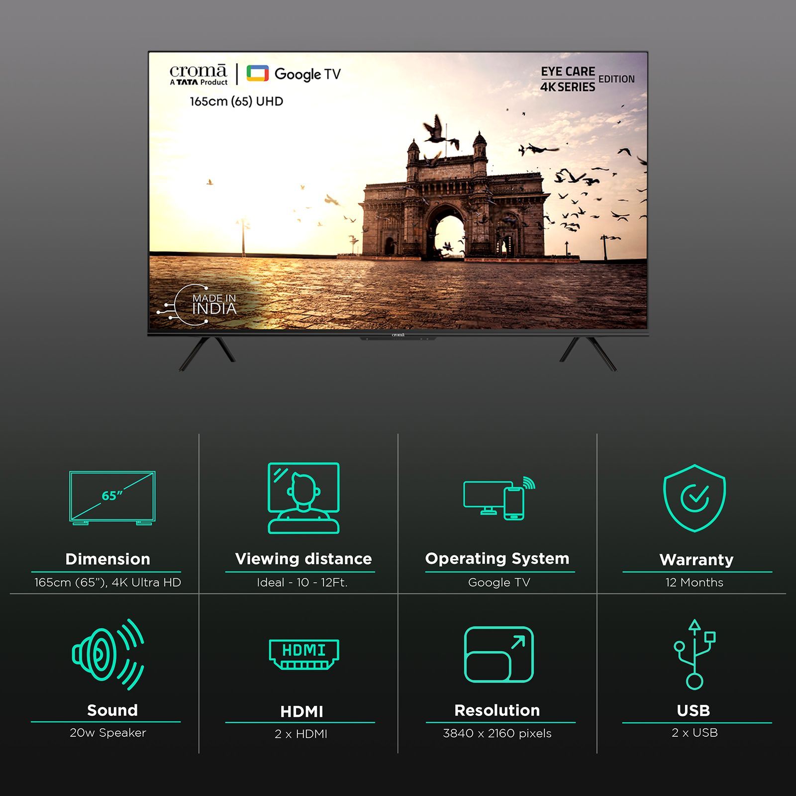 Croma 165 cm (65 inch) 4K Ultra HD LED Google TV with Bezel Less Display_3