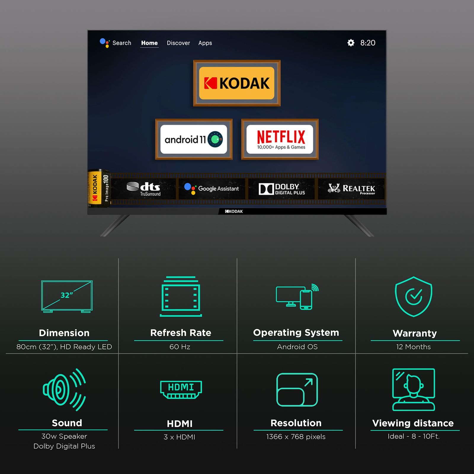 KODAK 9XPRO 80 cm (32 inch) HD Ready LED Smart Android TV with Dolby Audio (2023 model)_3