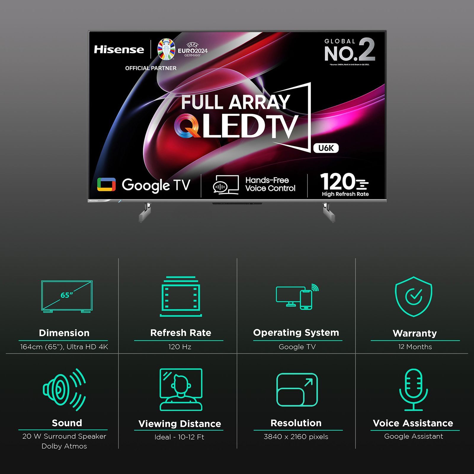 Hisense U6K 164 cm (65 inch) QLED 4K Ultra HD Google TV with Dolby Vision and Dolby Atmos (2023 model) Hisense U6K 164 cm (65 inch) QLED 4K Ultra HD Google TV with Dolby Vision and Dolby Atmos (2023 model)_2