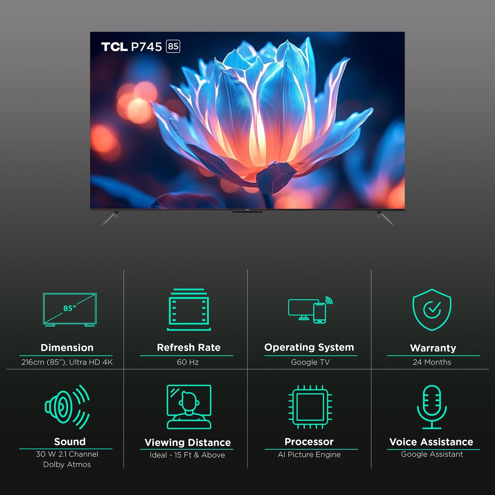 TCL P745 216 cm (85 inch) 4K Ultra HD LED Google TV with Dolby Vision and Dolby Atmos (2023 model) TCL P745 216 cm (85 inch) 4K Ultra HD LED Google TV with Dolby Vision and Dolby Atmos (2023 model)_3