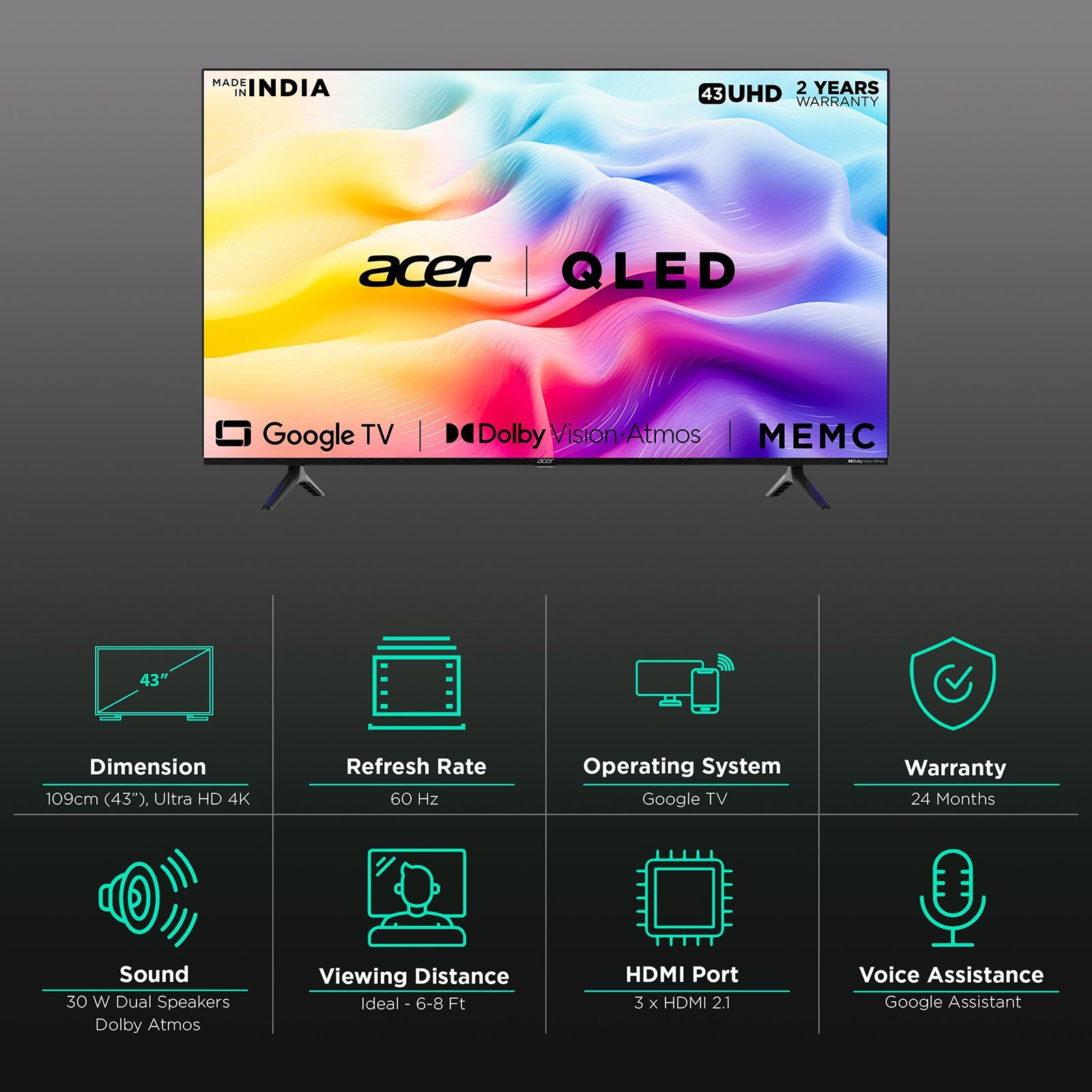 acer V Series 109 cm (43 inch) QLED 4K Ultra HD Google TV with Dolby Vision and Dolby Atmos (2023 model)_3