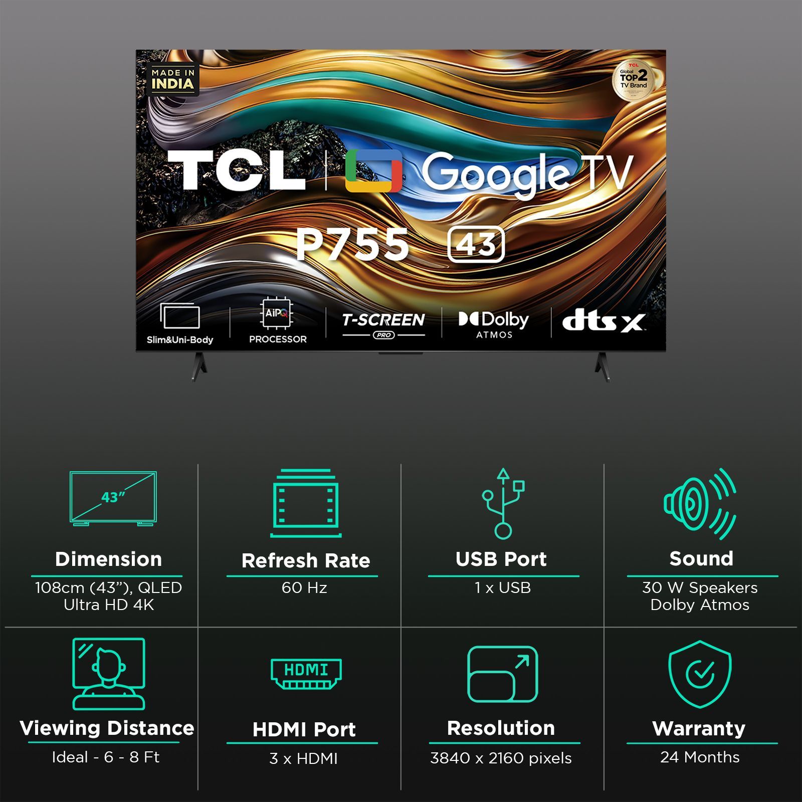 TCL P755 109.22 cm (43 inch) QLED 4K Ultra HD Smart Google TV with Dolby Vision and Dolby Atmos (2024 model)_3