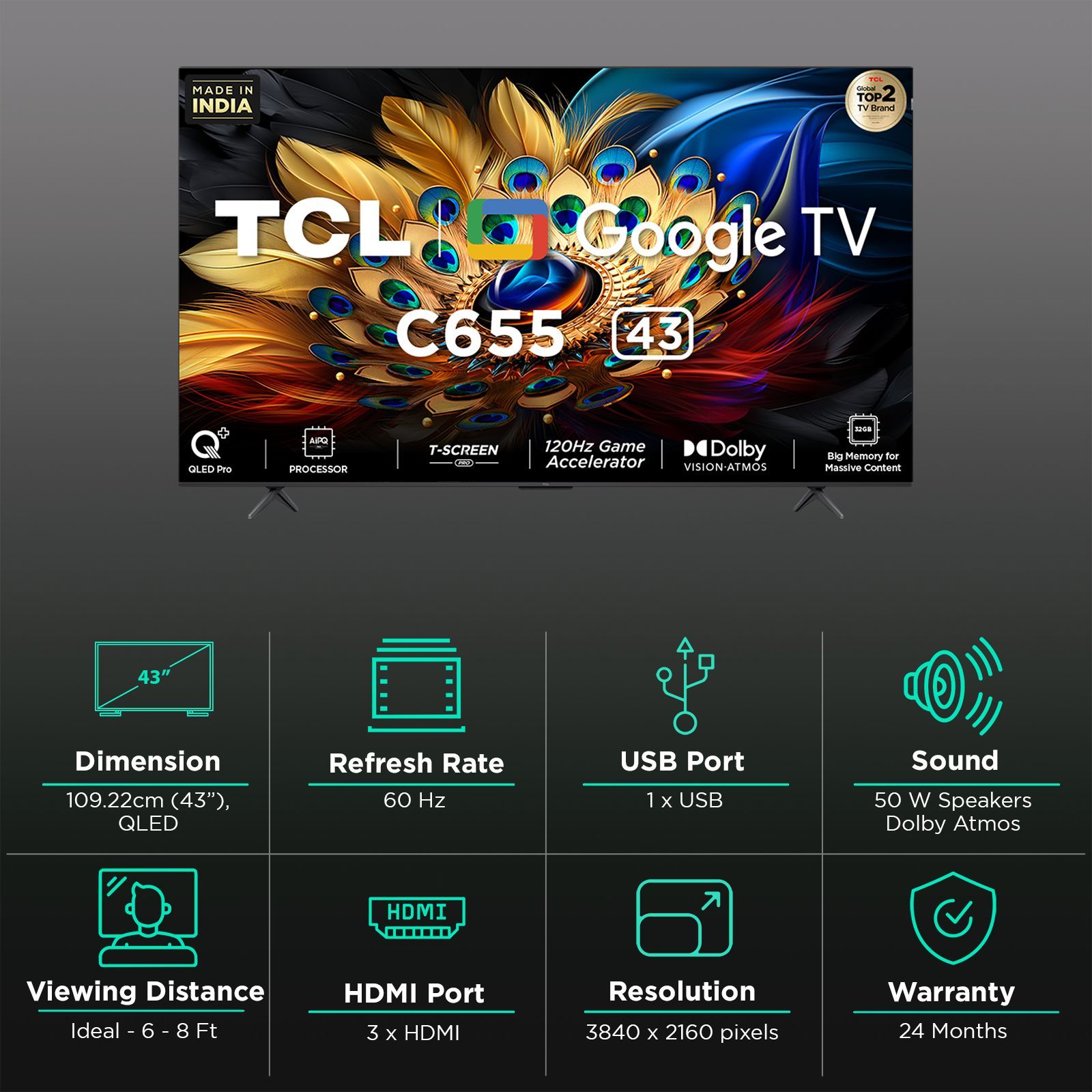 TCL C655 109.22 cm (43 inch) QLED 4K Ultra HD Google TV with AiPQ PRO PROCESSOR_3