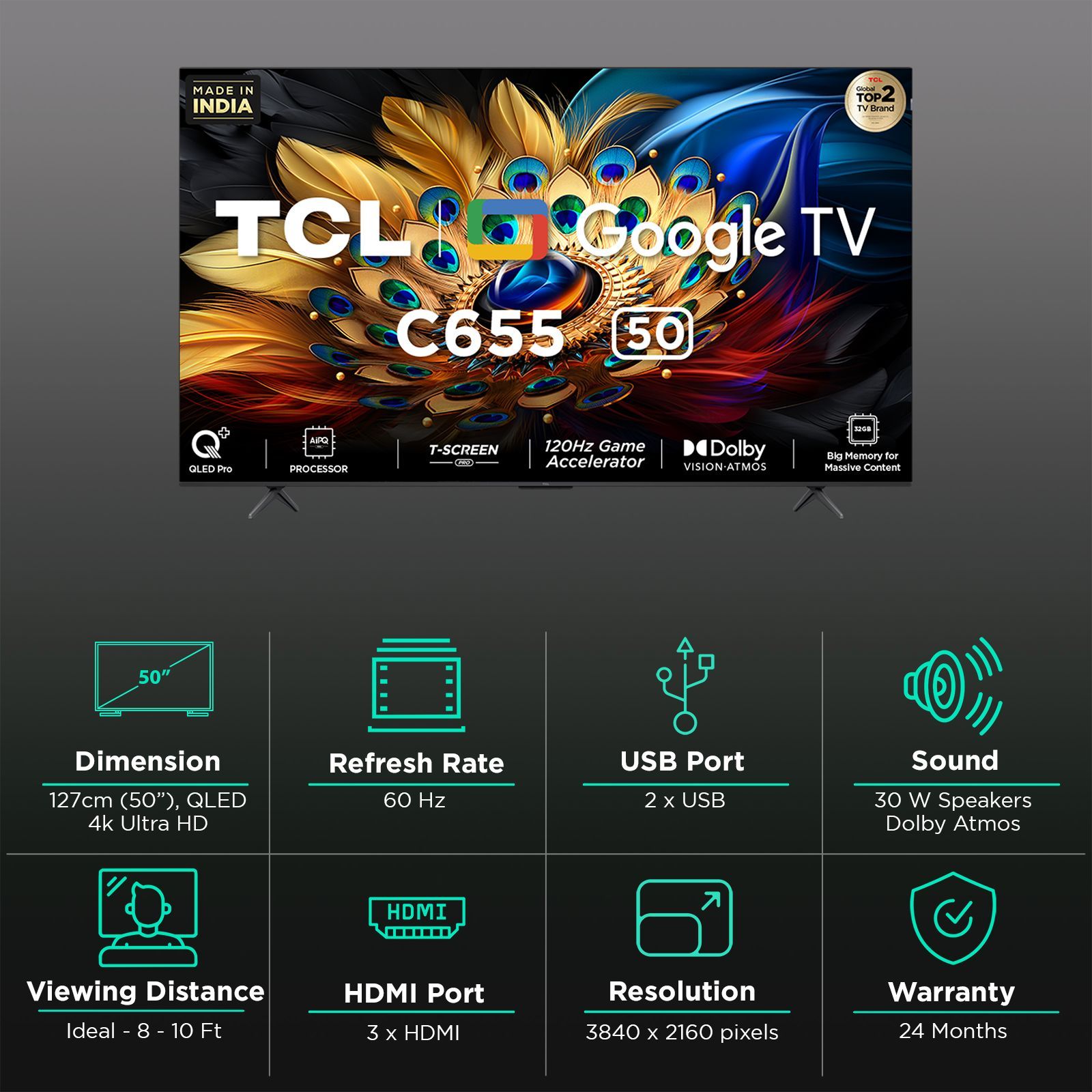 TCL C655 127 cm (50 inch) QLED 4K Ultra HD Google TV with Dolby Vision (2024 model) TCL C655 127 cm (50 inch) QLED 4K Ultra HD Google TV with Dolby Vision (2024 model)_3