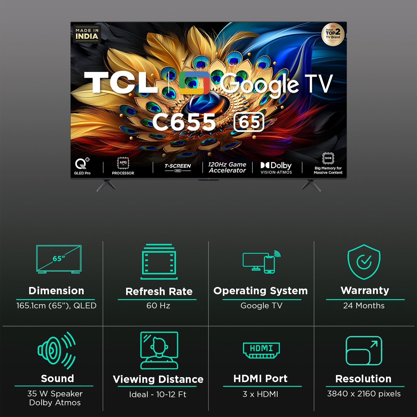 TCL C655 165.1 cm (65 inch) QLED 4K Ultra HD Smart Google TV with Dolby Vision (2024 model)_2