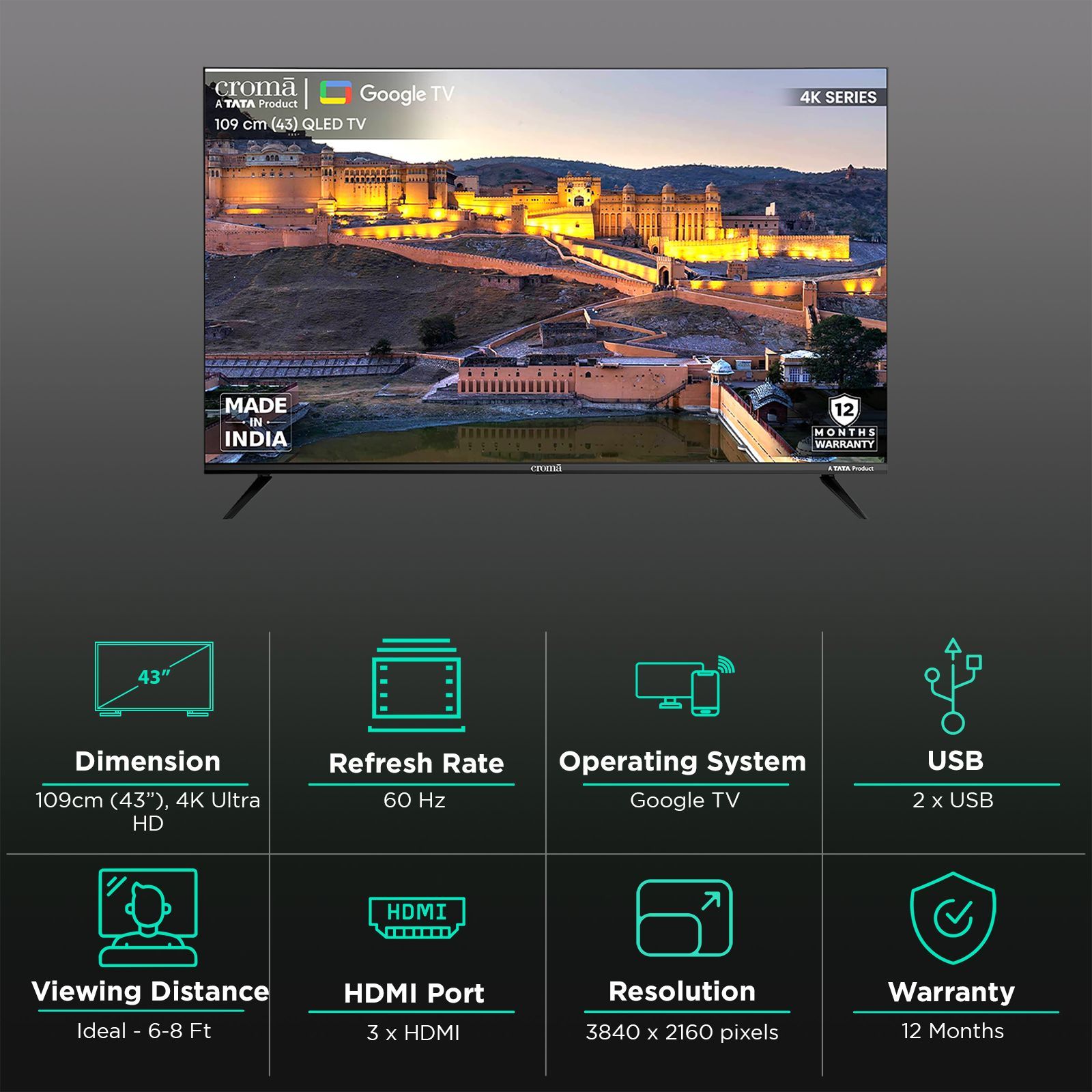 Croma 109 cm (43 inch) QLED 4K Ultra HD Google TV with Dolby Audio Croma 109 cm (43 inch) QLED 4K Ultra HD Google TV with Dolby Audio_2