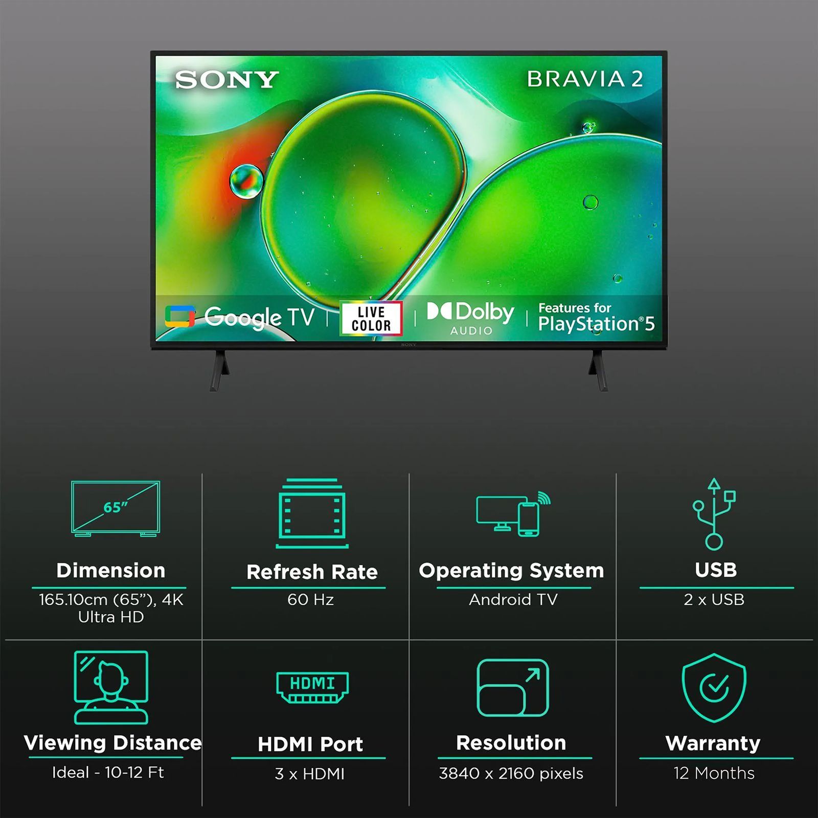 SONY BRAVIA 2 165 cm (65 inch) 4K Ultra HD LCD Smart Android TV with Live Colour Technology (2024 Model)_3