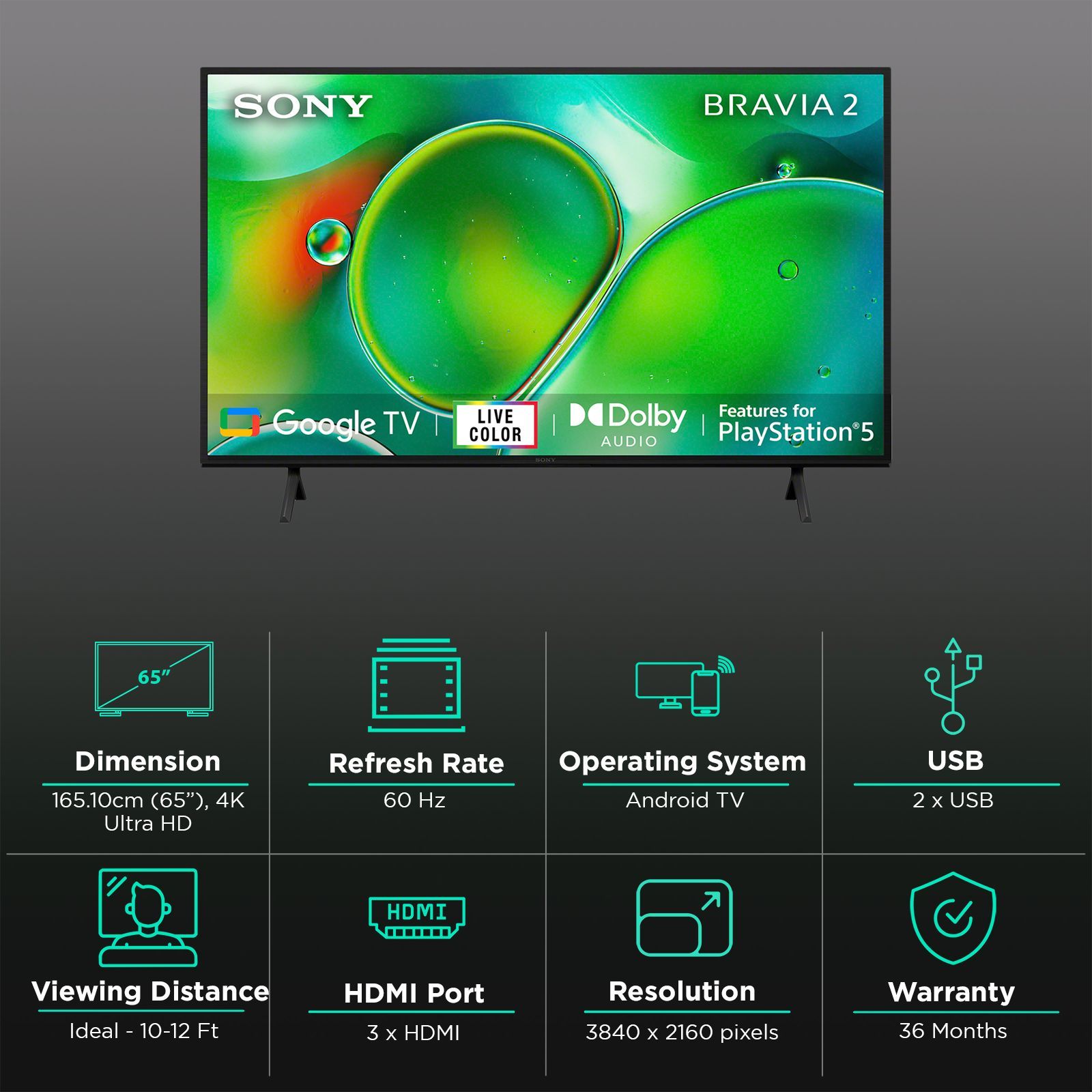 SONY BRAVIA 2 165.1 cm (65 inch) 4K Ultra HD LCD Smart Android TV with Live Colour Technology (2024 Model) _3