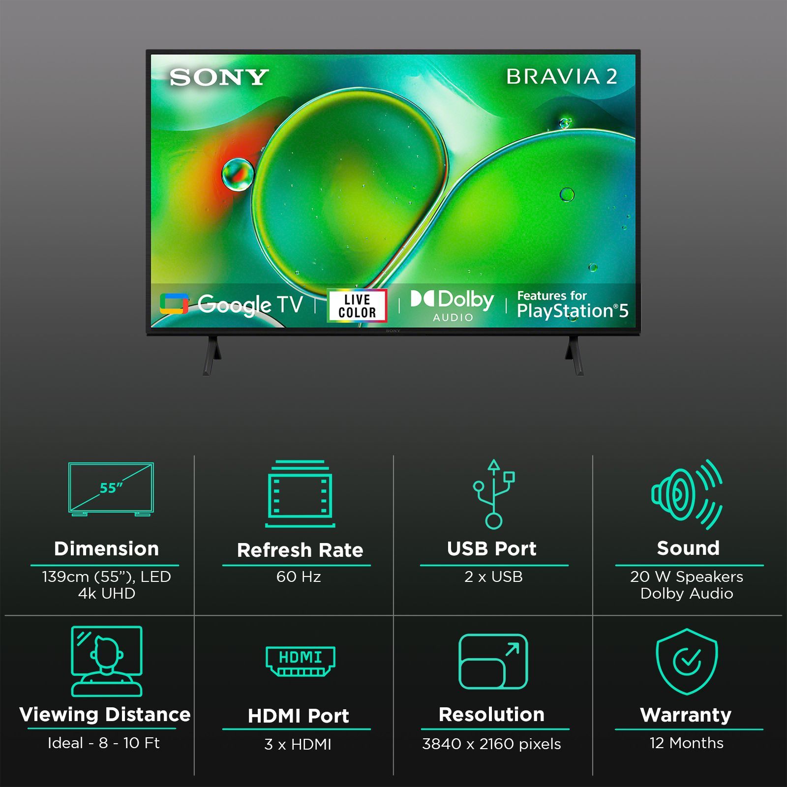 SONY BRAVIA 2 139.7 cm (55 inch) 4K Ultra HD LCD Smart Android TV with Live Colour Technology (2024 Model) _3