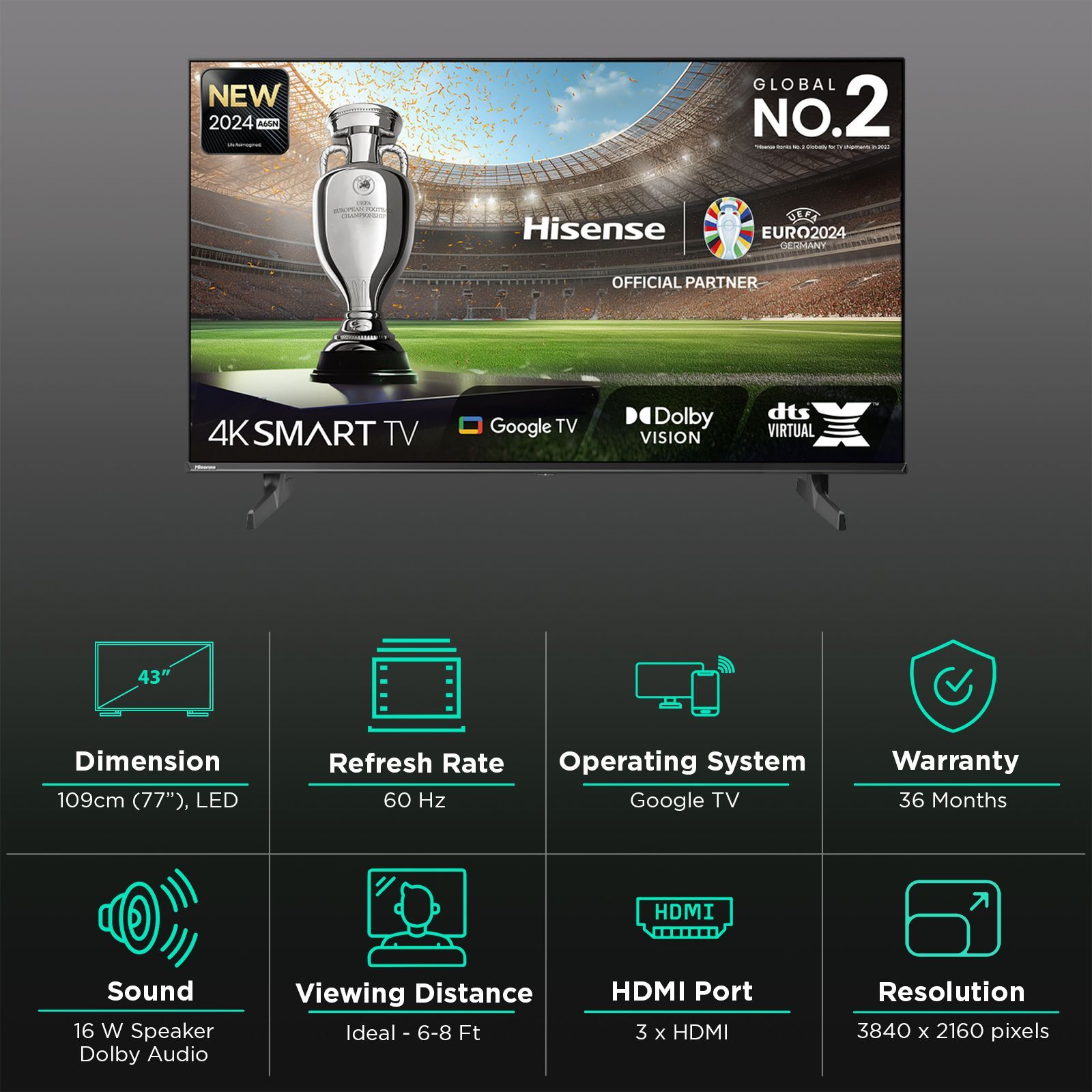 Hisense A65N 109.22 cm (43 inch) LED 4K Ultra HD Google TV with Dolby Vision & Dolby Digital (2024 model) Hisense A65N 109.22 cm (43 inch) LED 4K Ultra HD Google TV with Dolby Vision & Dolby Digital (2024 model)_3