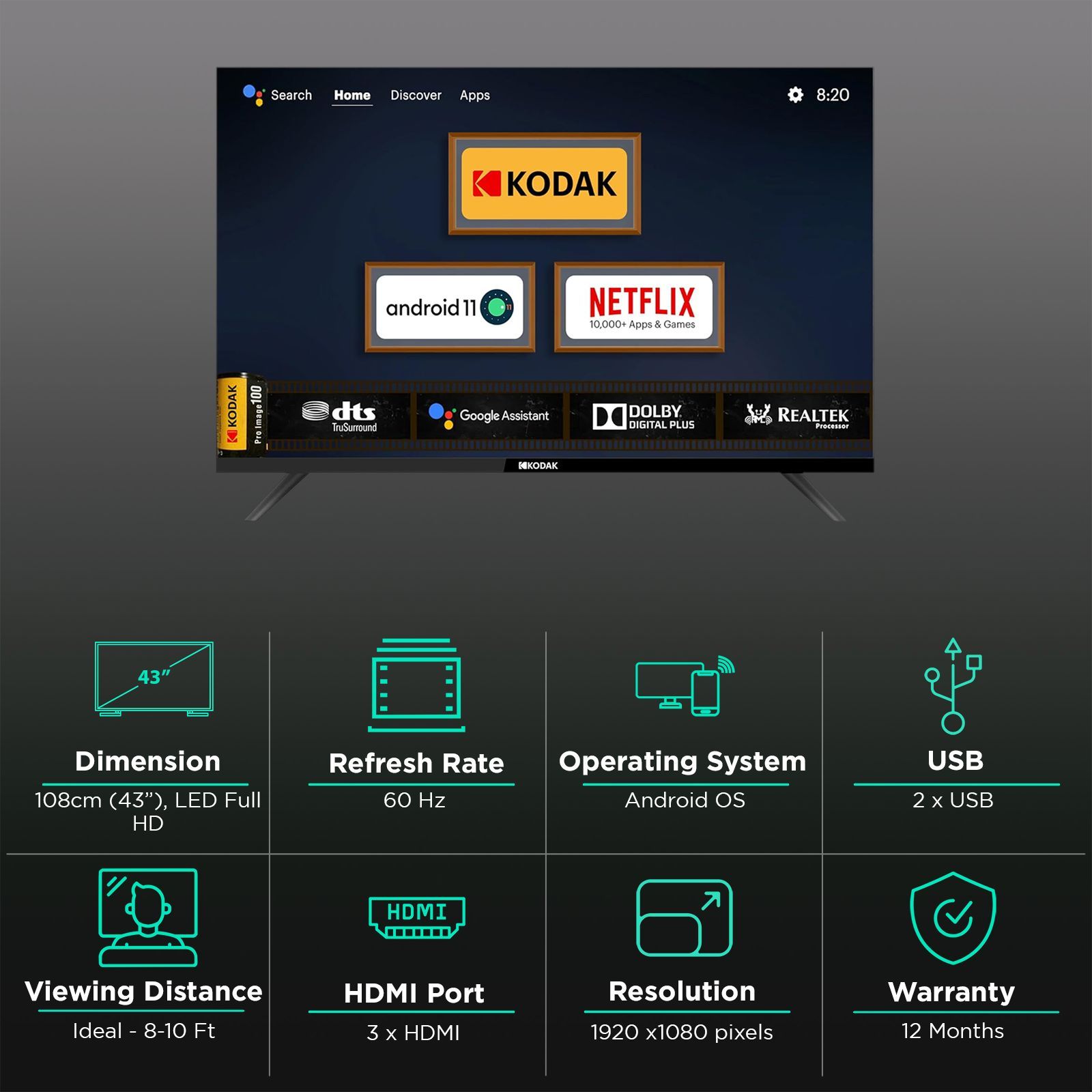 KODAK 9XPRO 108 cm (43 inch) Full HD LED Smart Android TV with Built-in Google Assistant (2023 model)_3
